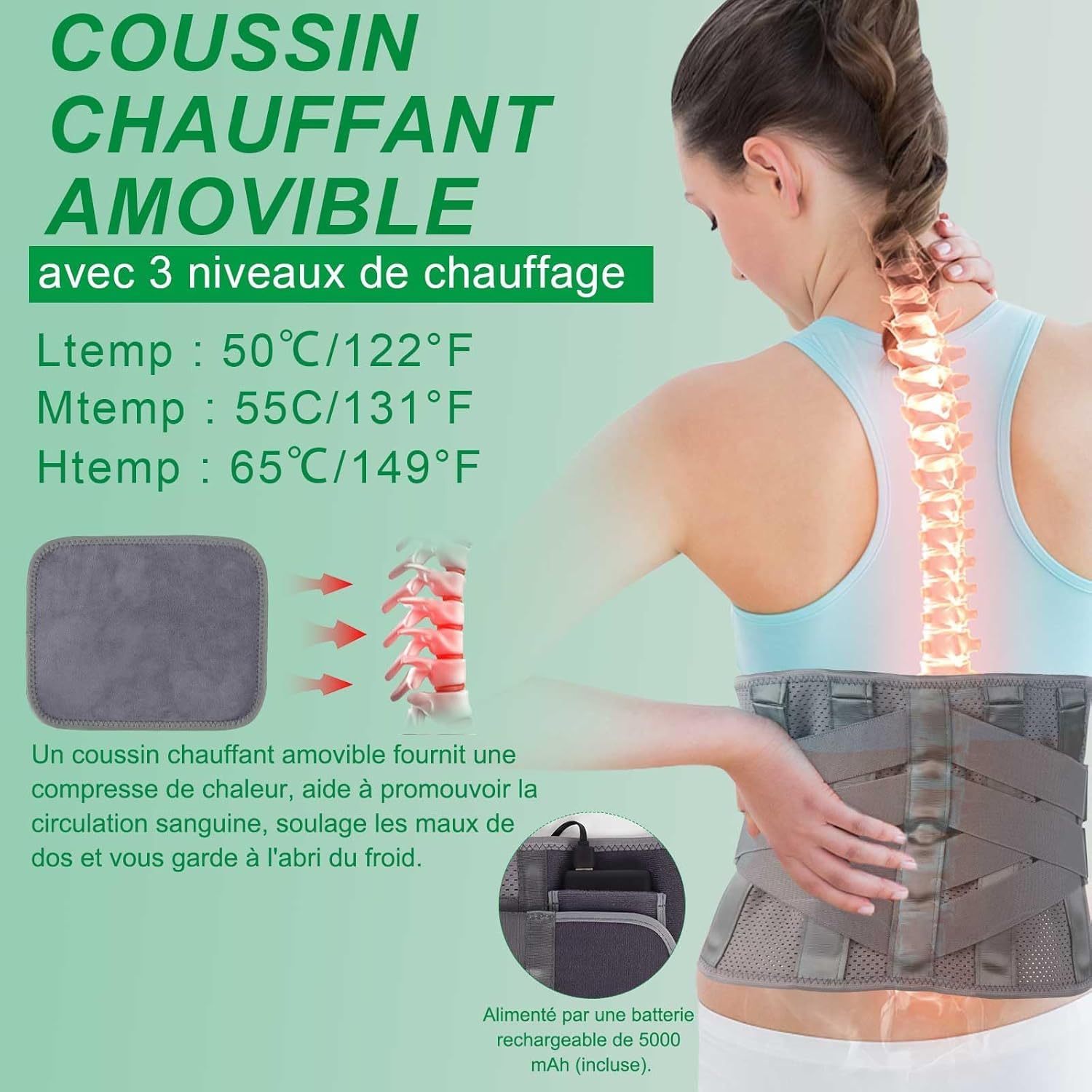 HONGJING Ceinture Lombaire Chauffante pour Soulagement des Douleurs, avec 7 Barres Métalliques et Batterie Rechargeable de 5000mAh, pour Hernies Discales et Scoliose(L)