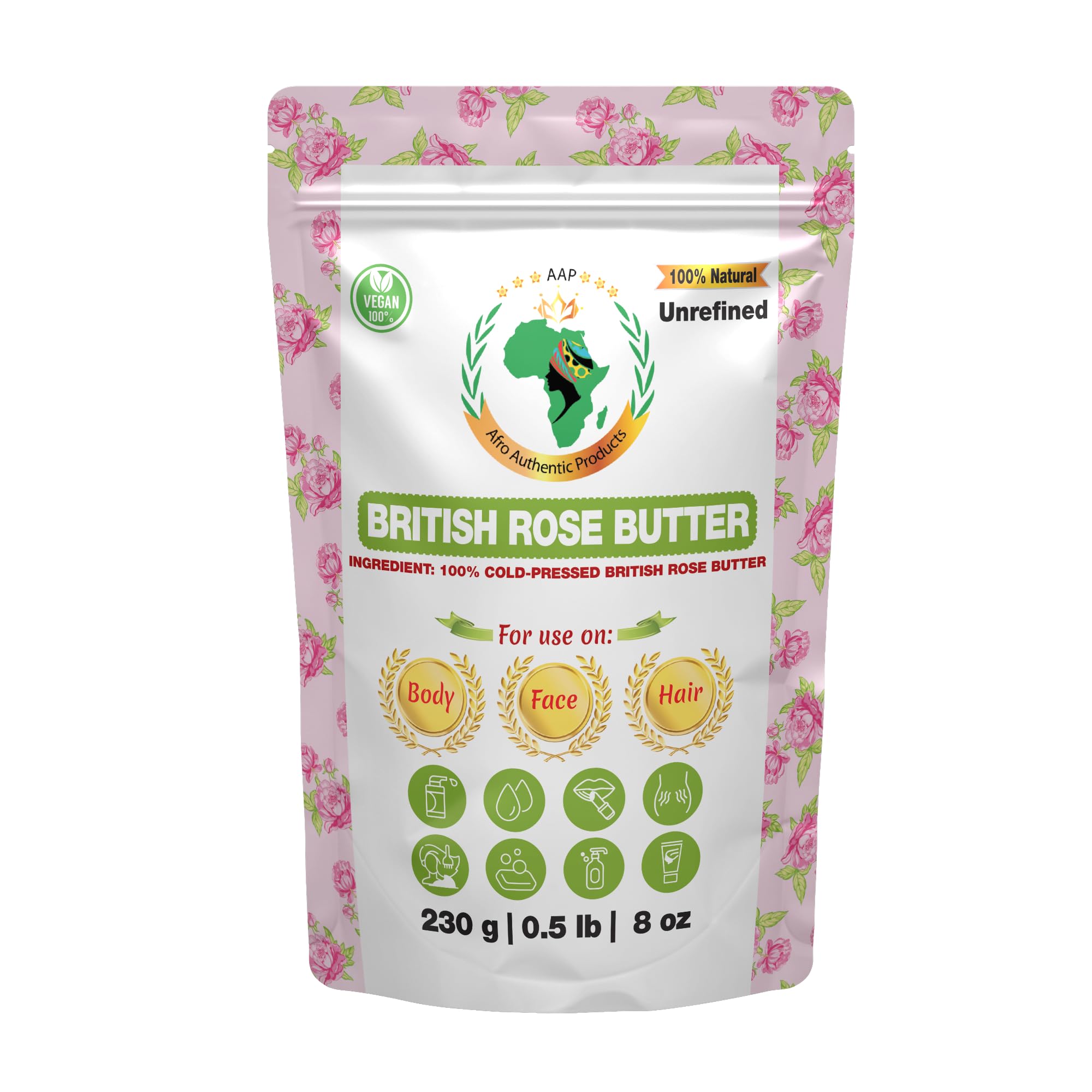 Authentic Raw British Rose Butter | Butter | For DIY Face, Body, Hands | Unrefined | 100% Pure| Organic from Africa | Resealable Bag | 0.5 LB (230g)