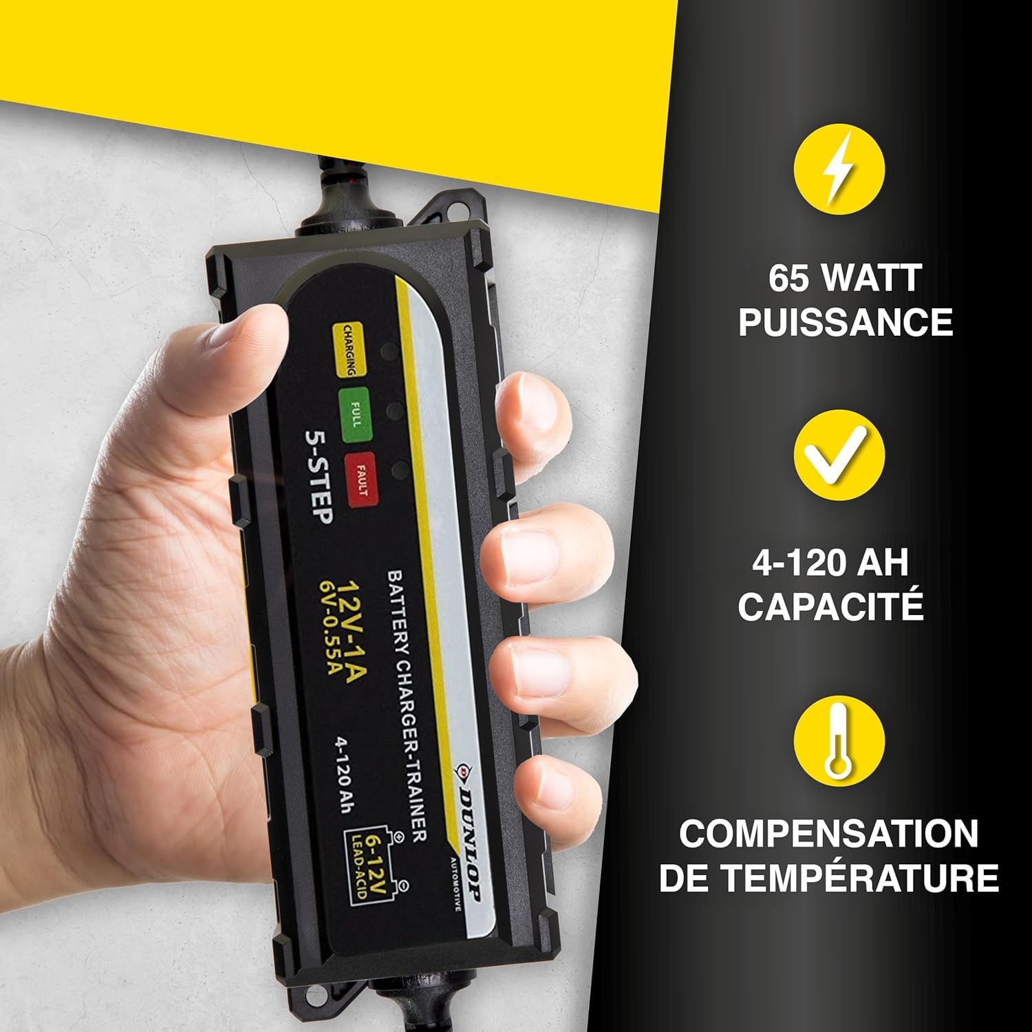 Chargeur Intelligent Dunlop 1A 12V - Chargeur Batterie Voiture & Moto, Gel & Standard, Charge Auto 5 Étapes, Sécurisé & Facile