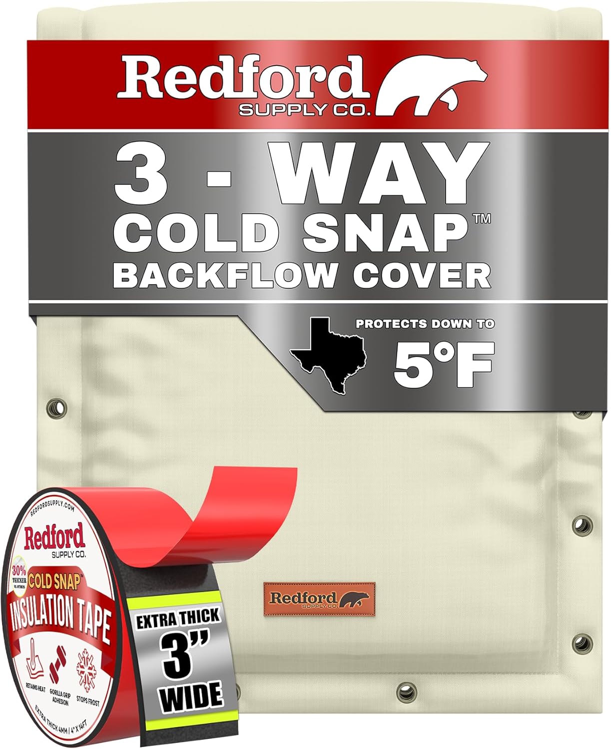 Redford Supply Co. 3 inch x 14 ft Insulation Tape, 16" W x 20" H 3-Way Backflow Cover - Outdoor Pipe Insulation Wrap, Pipe Insulation, Water Sprinkler Covers, Backflow Preventer Insulation Cover