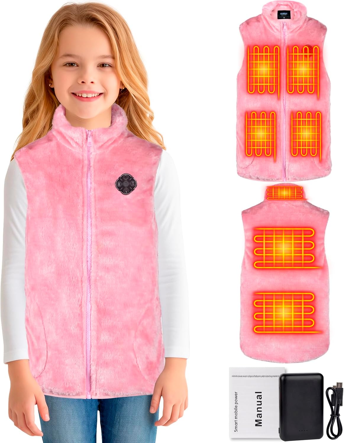 QZUnique Kids Heated Vest - Electric Heating Vests with Battery Pack, Fleece Heated Vest for Girl Boy, Winter Heating Jacket