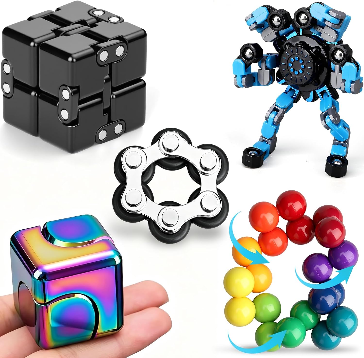 5 Fidget Pack Spinner Pad Controller Infinity Cube Roller Chain Toy for Kids Adults, Rainbow Ball Metal Hand Spinners Toys Cool EDC Gadget Stress Relief Birthday Christmas Stuffer Gift Party Favor
