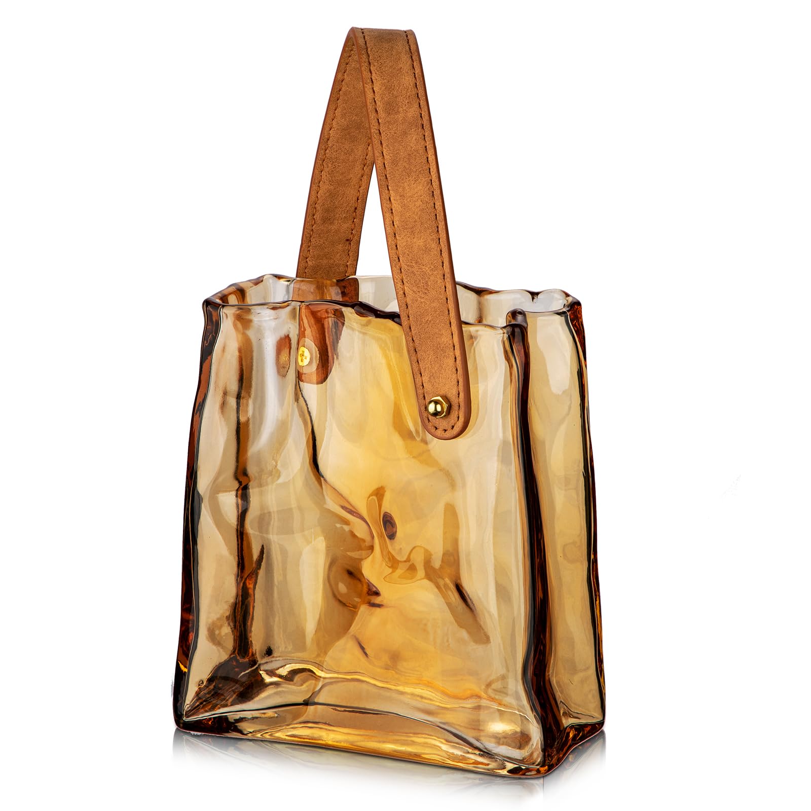 Hollyone Jarrón de cristal grueso de 17 cm para flores, jarrón transparente para decoración de habitación, jarrones únicos con asa para bodas, sala de estar, chimenea, estante, decoración del hogar,