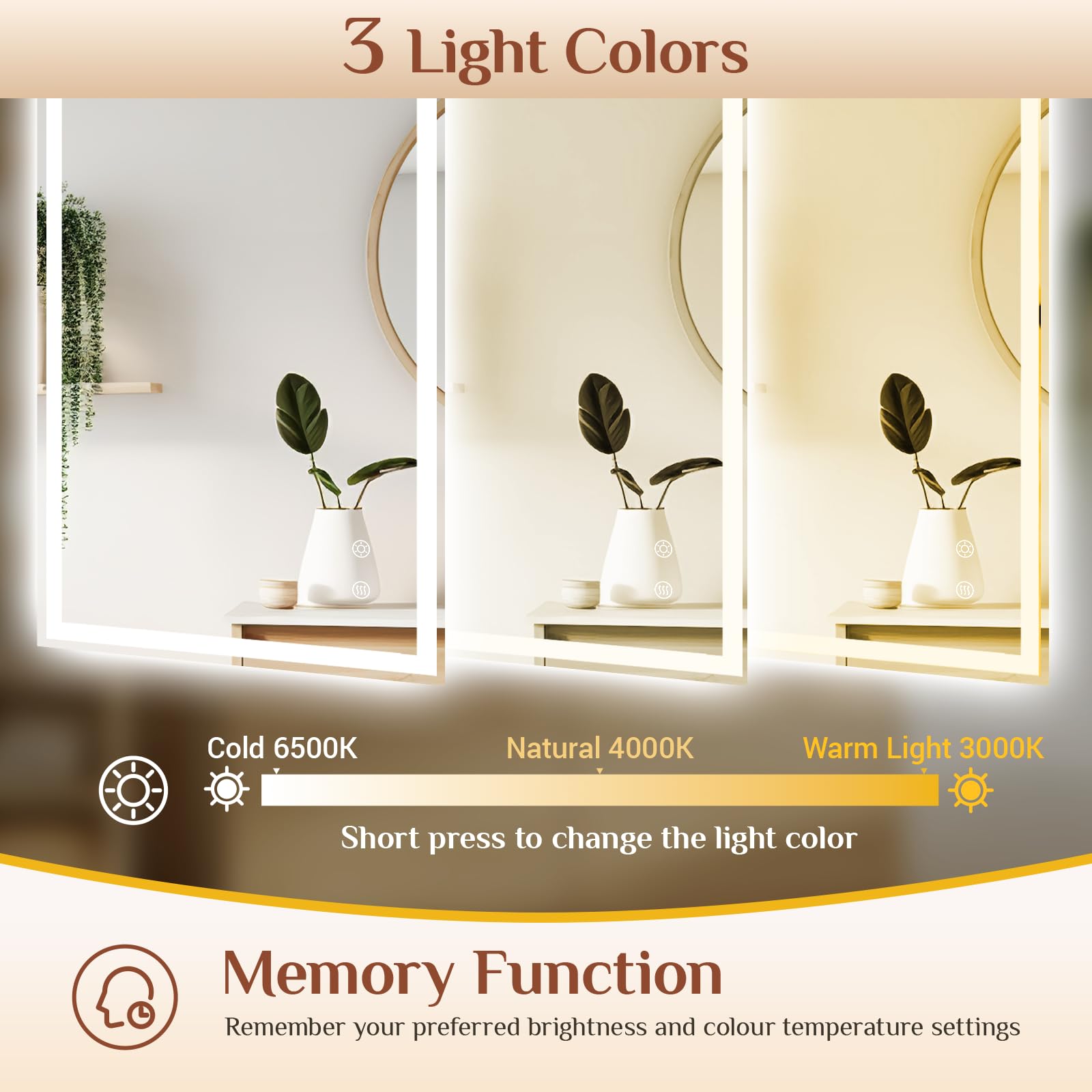 Clevich Badspiegel mit Beleuchtung 70×50 cm, LED Spiegel mit 3 Lichtfarben Dimmbar, Gehärtetes Glas Explosionsschutz, Touch-Schalter, Memory-Funktion, Beschlagfrei, Badezimmerspiege mit Licht