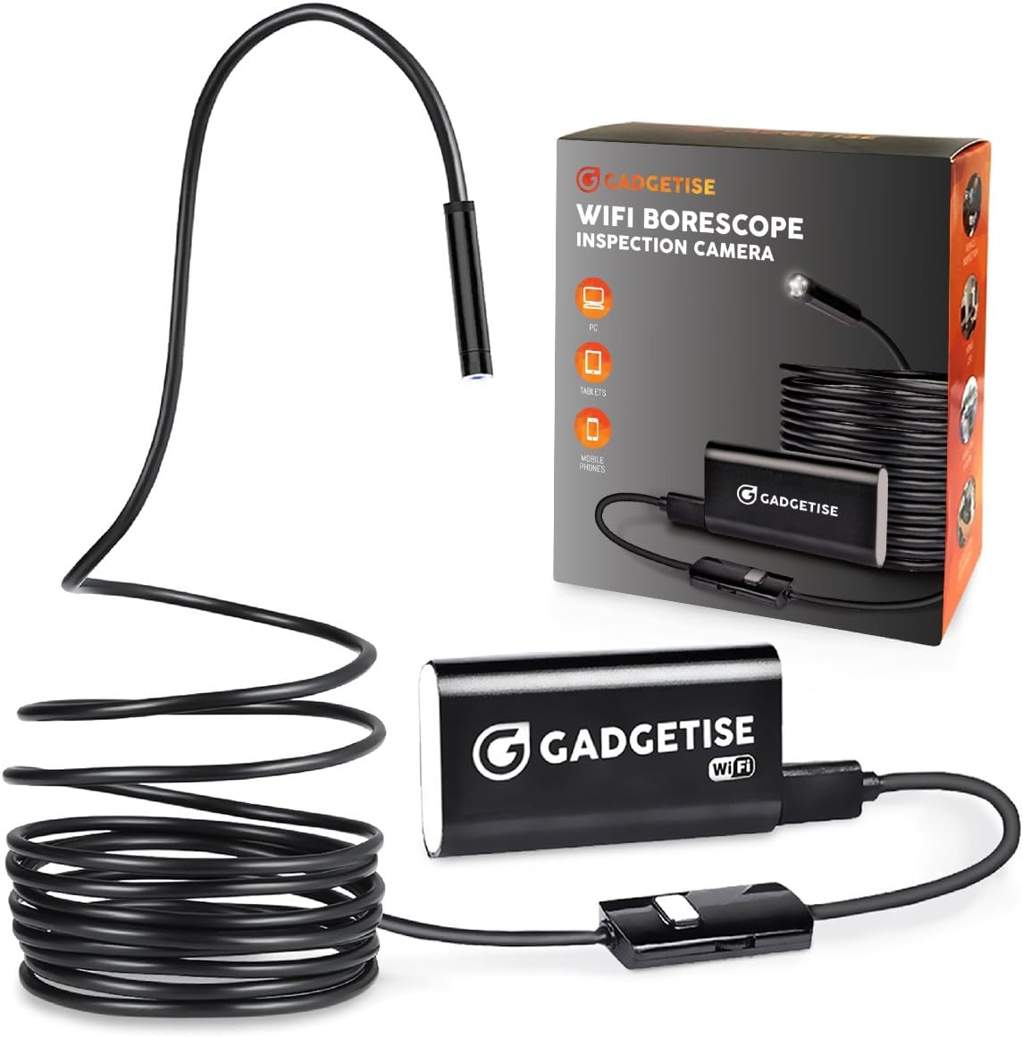 Wireless Endoscope, Gadgetise WiFi Borescope Inspection Camera 2.0 Megapixels HD Snake Camera for Android and iPhone Smartphones - Waterproof (5M-16FT)