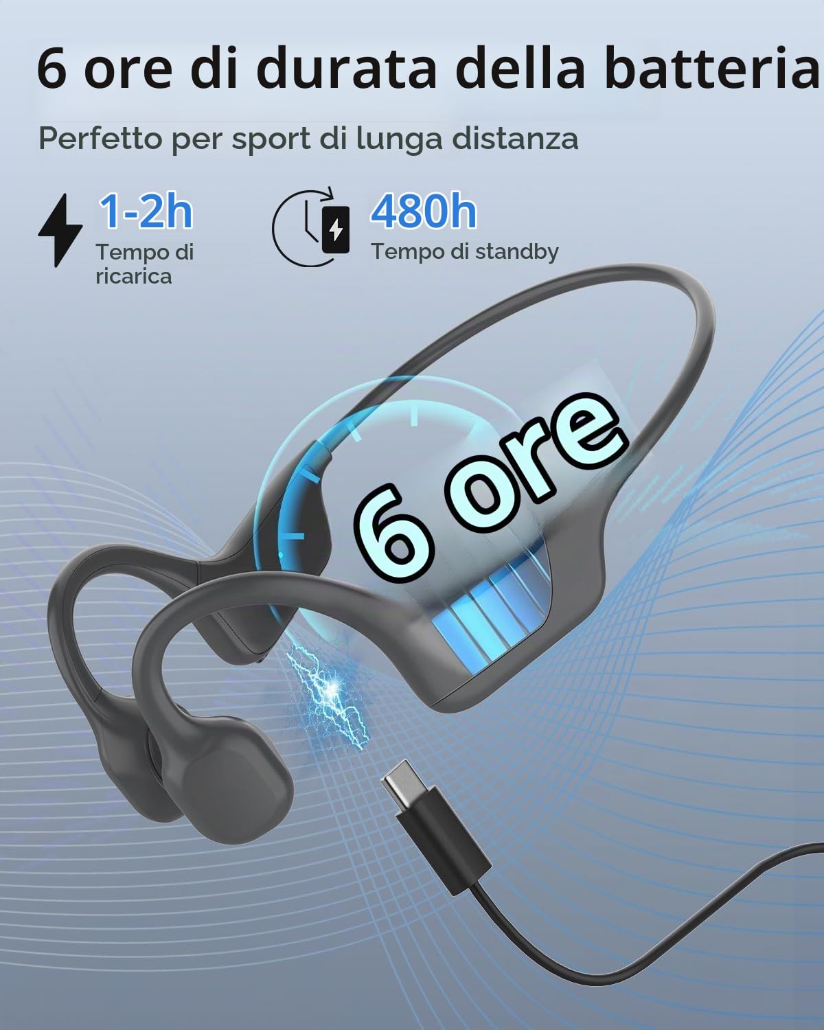 ANSTEN Casque Conduction Osseuse Bluetooth, Étanche IPX5(grigio) | Ricarica Rapida USB-C, IPX5 Impermeabile, Cuffie Sportive Open Ear per Running, Sport, Ciclismo e Fitness