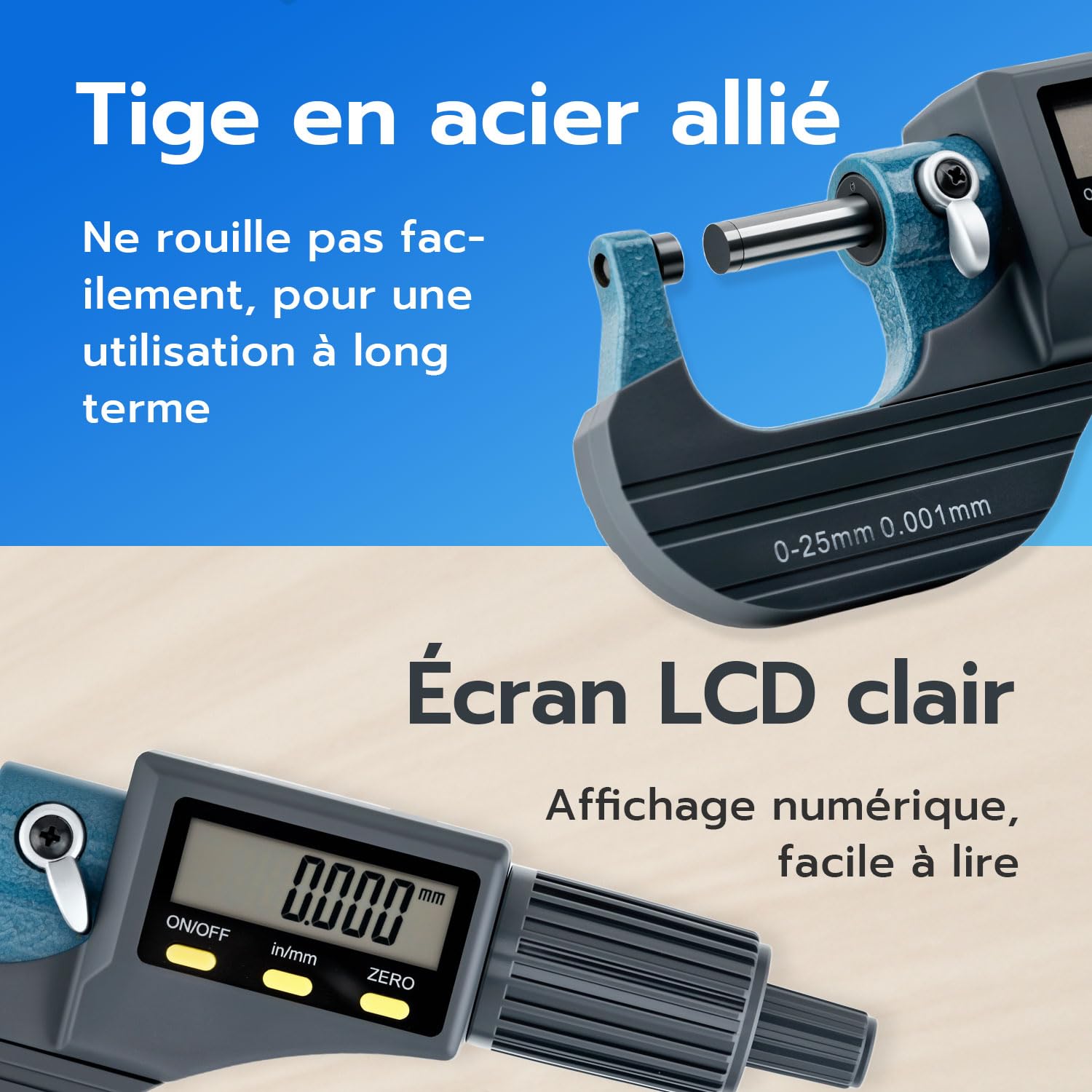 Mcbazel Micromètre Électronique LCD 0-25 mm, Micromètre Numérique Extérieur avec Affichage en Pouce/Métrique, Haute Précision 0,001 mm
