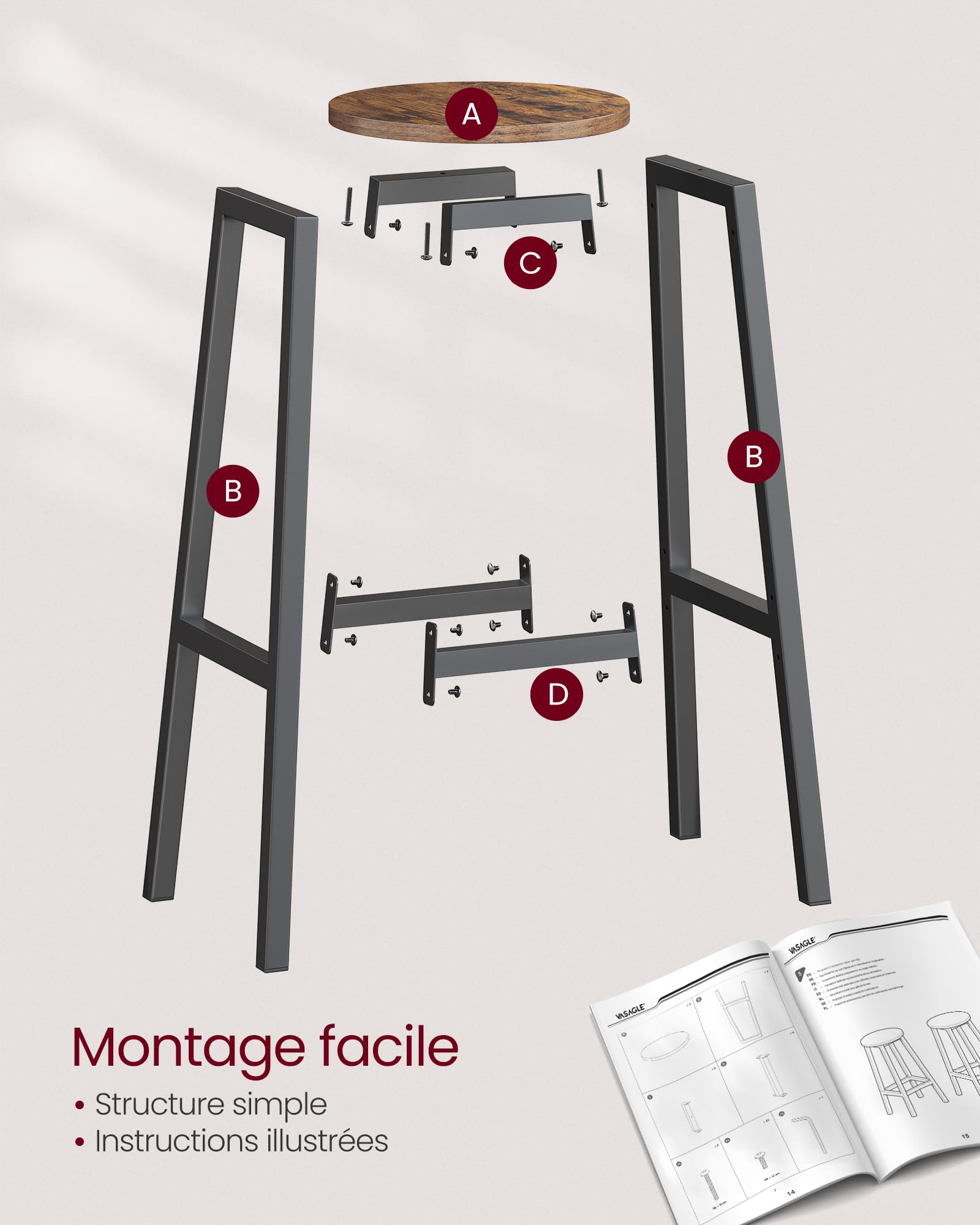 VASAGLE Tabourets de Bar, Lot de 2, Chaises, Siège Haut, Cadre Métallique, Montage Facile, Hauteur 74 cm, Repose-Pieds, pour Cuisine, Salon, Salle à Manger, Marron Rustique et Noir LBC132K01