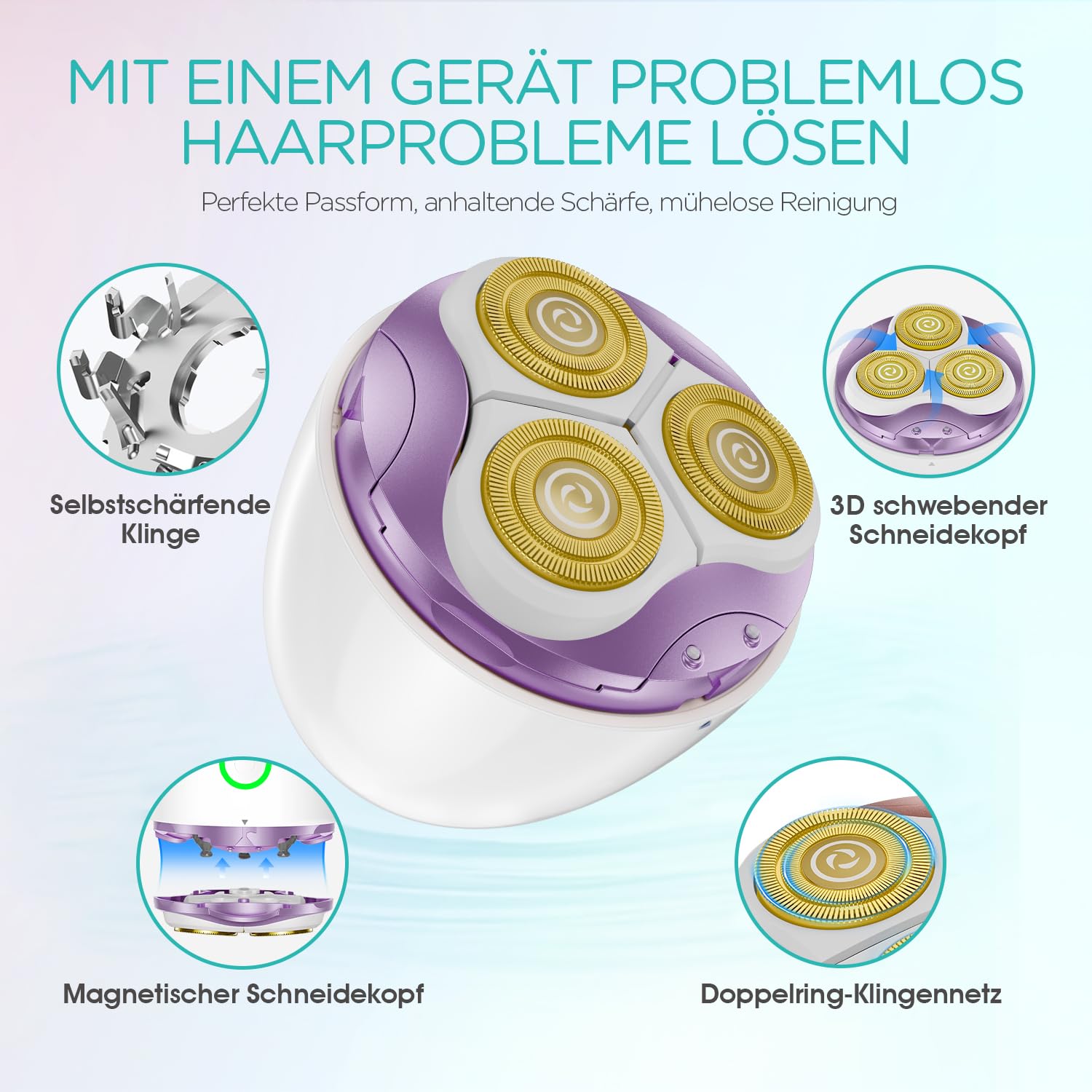 VOGOE Damenrasierer Elektrisch Nass & Trockenrasur Kabellos Wasserdicht Lila ES300