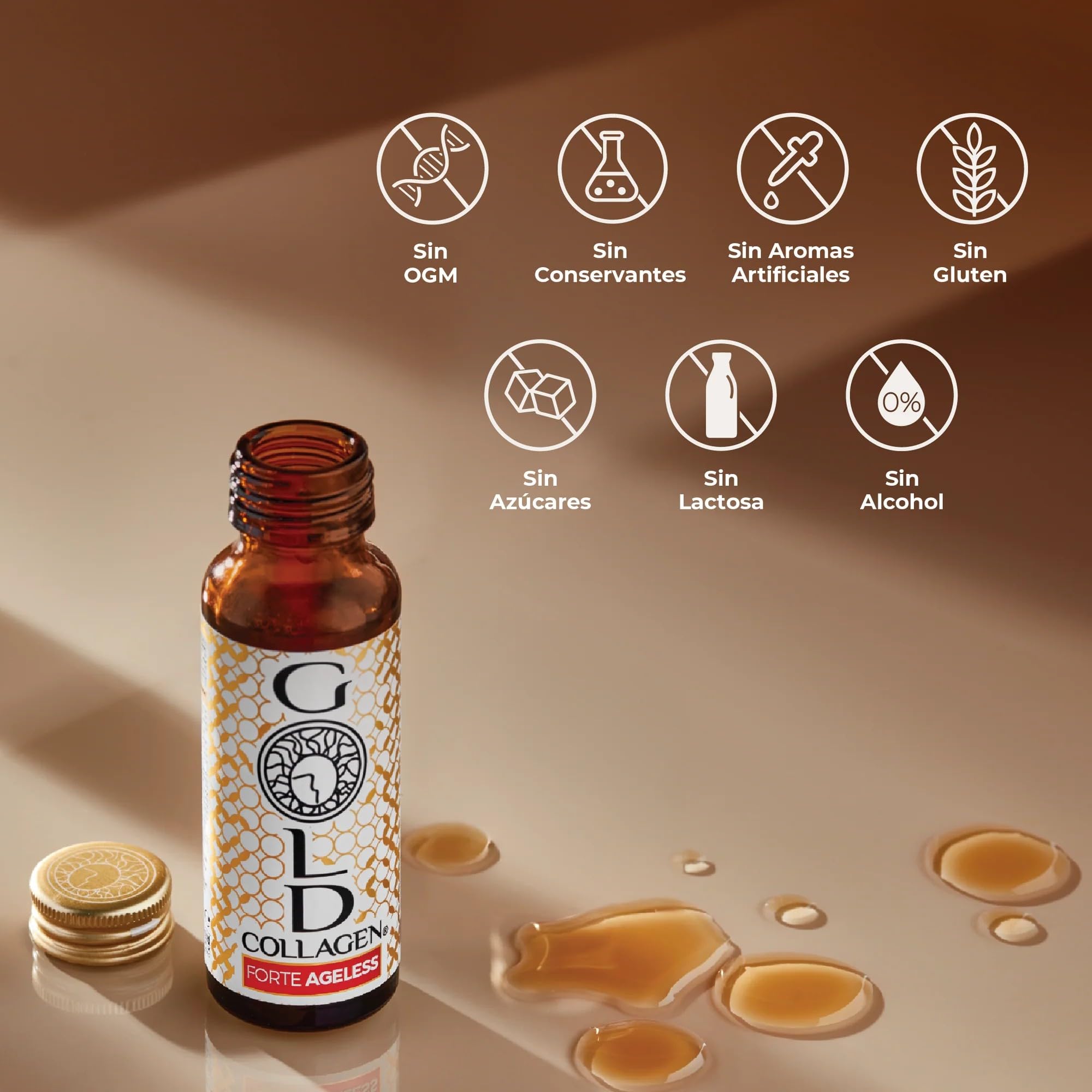 GOLD COLLAGEN Forte Ageless - Complemento Colágeno Marino Hidrolizado (12gr) con Ácido Hialurónico Antiarrugas, Pro Retinol, Vitamina C, D, Biotina, Coenzima Q10, Elastina Reduce Líneas Finas, 10x50ml