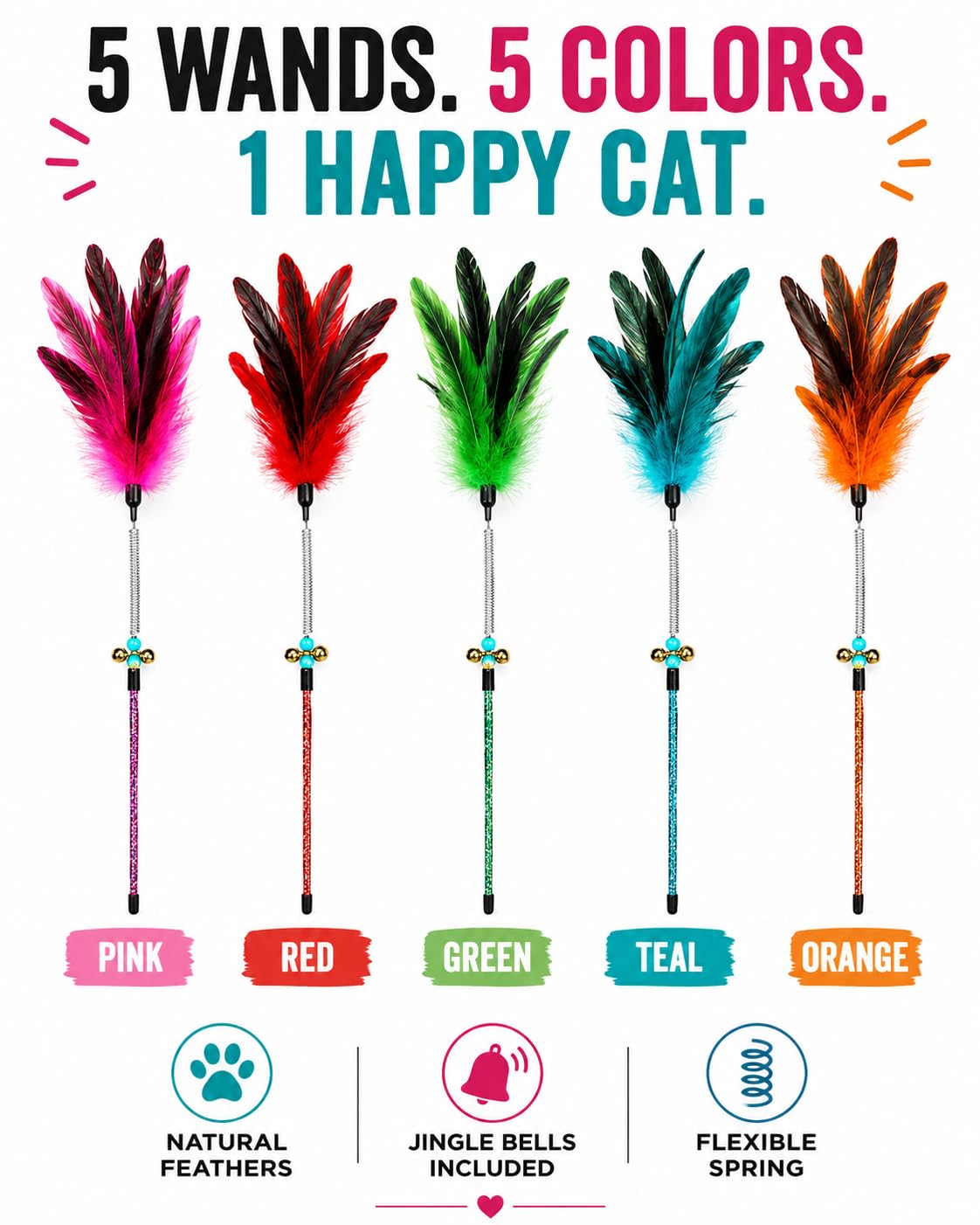 Varita de juguete para gatos, juguete de plumas para gatos, 5 piezas interactivas para gatos, varita de plumas para gatos de interior