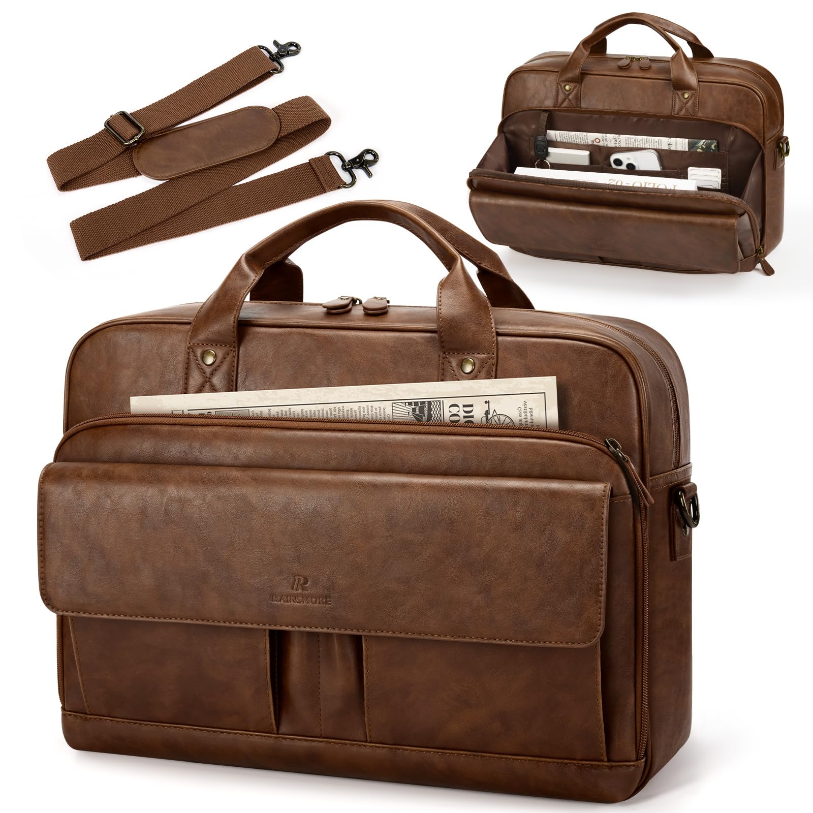 RAINSMORE Mens Laptop Bag PU Leather Messenger Bag 15 6 Inch Briefcase Vintage Computer Satchel Bag for Work