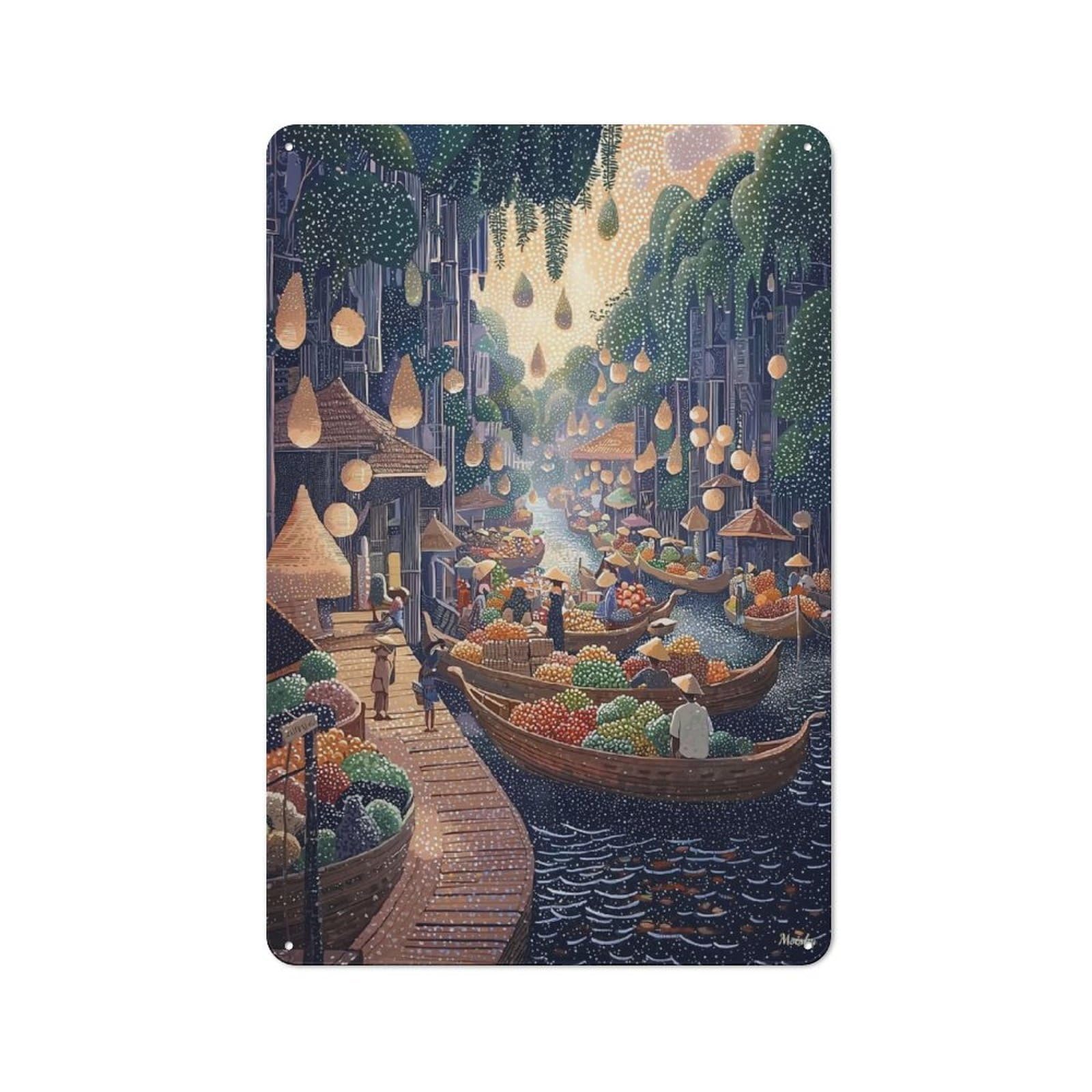 Junmoney Floating Market Scene In Pointillist Style For Kitchen Or Home Bar, Retro-Style Metal Sign 30X20cm, For Cooler-Month Interiors With Retro Character