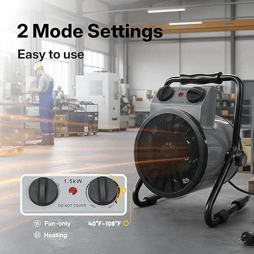 Miniatura 4 de NORTHSKY Calentador de espacio para uso en interiores, calentador eléctrico de garaje de 1500 W con ángulo ajustable de 90, termostato,