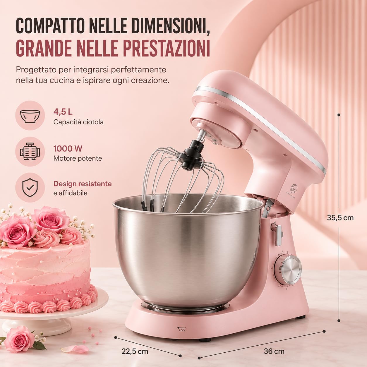 Robot pasticceria 5L 1500W 10 velocità + impulso, movimento planetario a 360°, ciotola in acciaio inox con coperchio antispruzzi, sbattitore elettrico cucina multifunzione per pane, pizza e