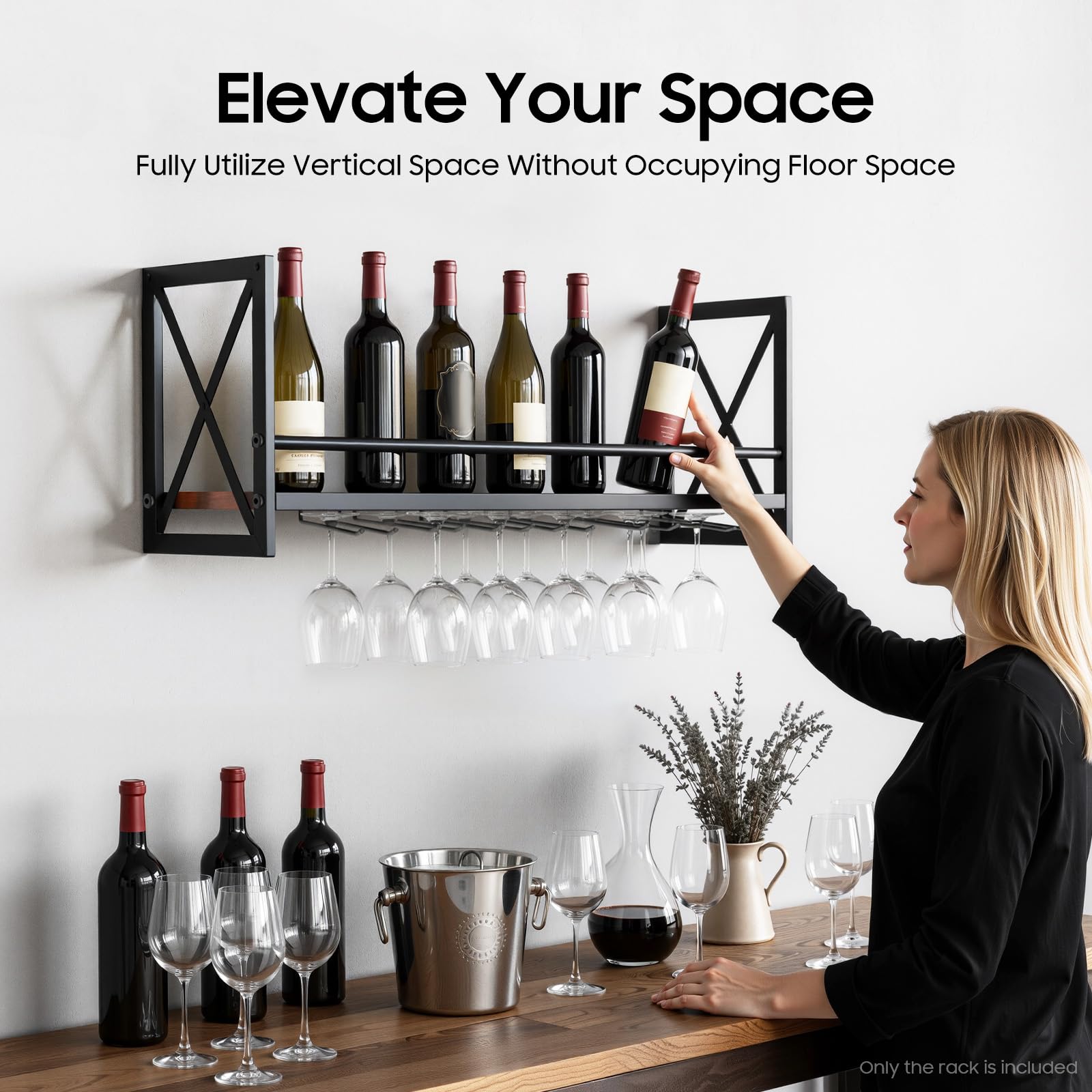 Étagère à vin murale en bois avec cadre en métal, design industriel, pour environ 10 bouteilles + 12 porte-verres à vin, idéal pour la maison, le bar, la cuisine, le restaurant