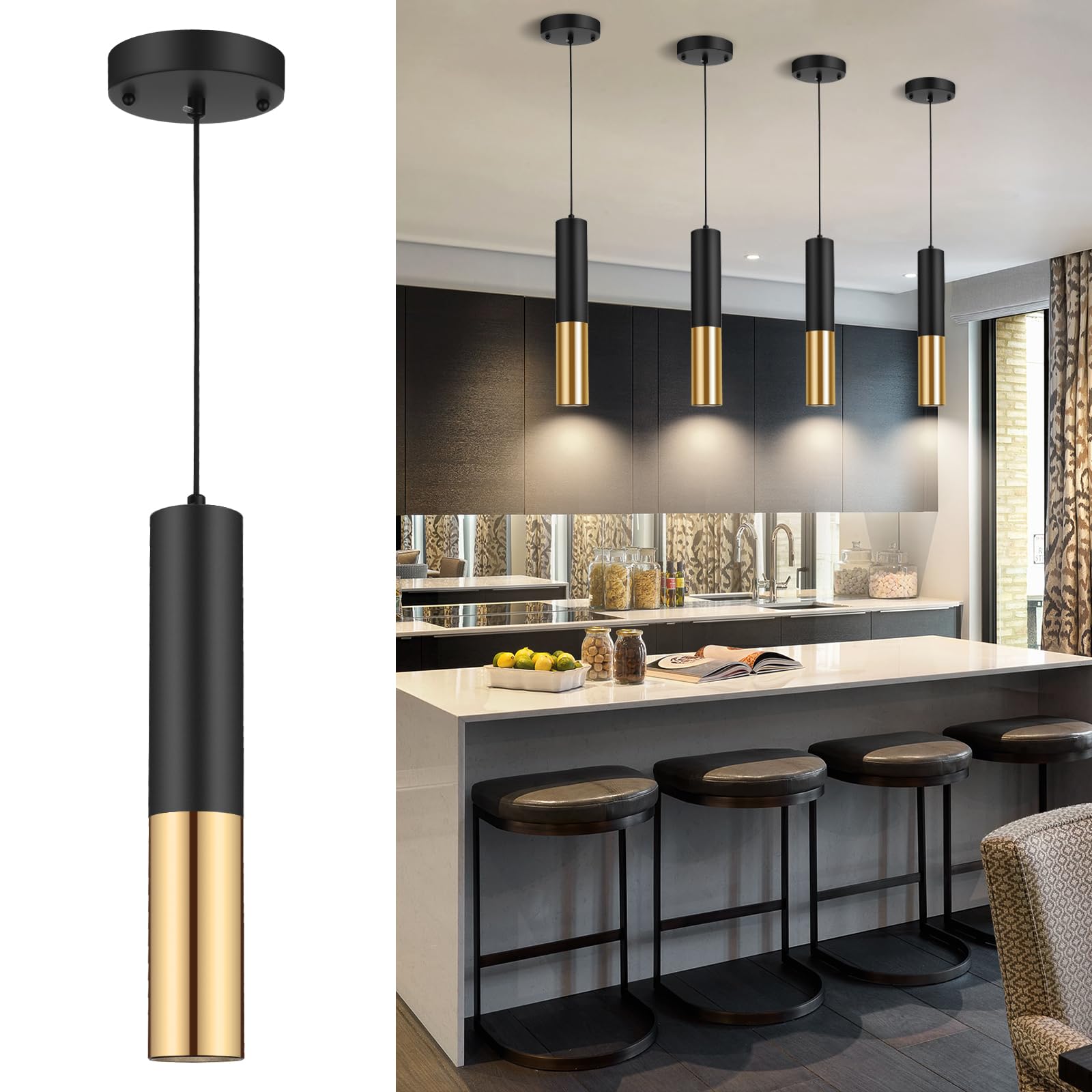 Modern Black and Gold Pendant Light Fixture for Kitchen Island, 1-Light Pendant Lighting with GU10 LED Bulb Ceiling Hanging Lights Cord Adjustable for Living Room Bedroom Dining Room