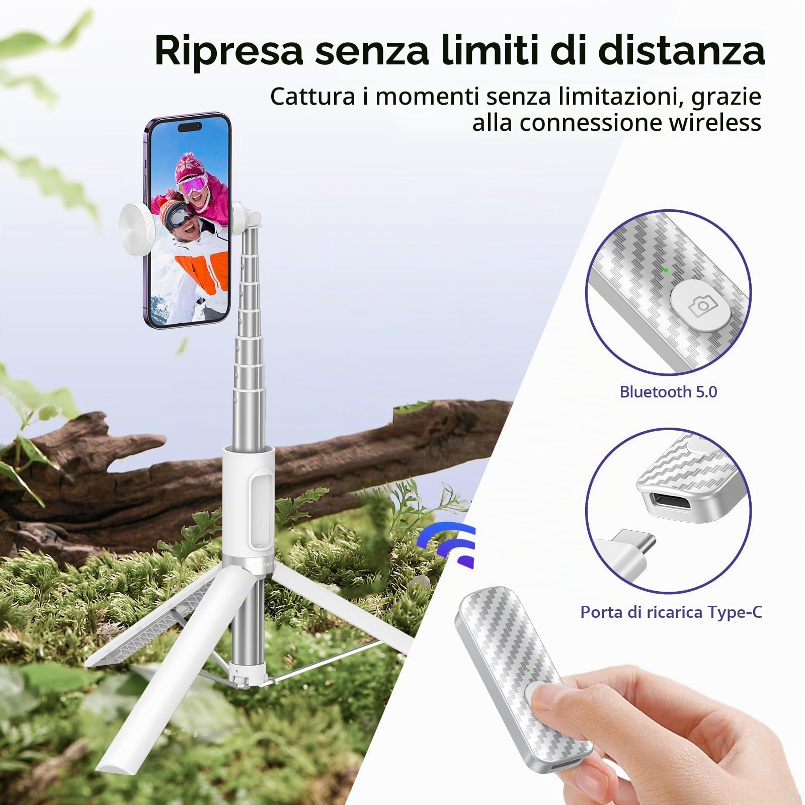 ATUMTEK Bastone Selfie Tripode 174cm, Selfie Stick Alluminio con Telecomando Bluetooth Ricaricabile, Compatibile con Smartphone iPhone e Android, Perfetto per Viaggi, Vlog, Video e Foto, Bianco