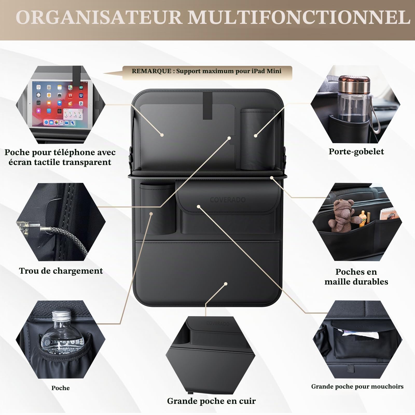 Coverado Organiseurs pour voiture, Napa cuir Protection de Dossier de Voiture Enfants avec support plat/plateau alimentaire pliable/protecteur de coussin de pied/Multi - sac/support de sac-poubelle