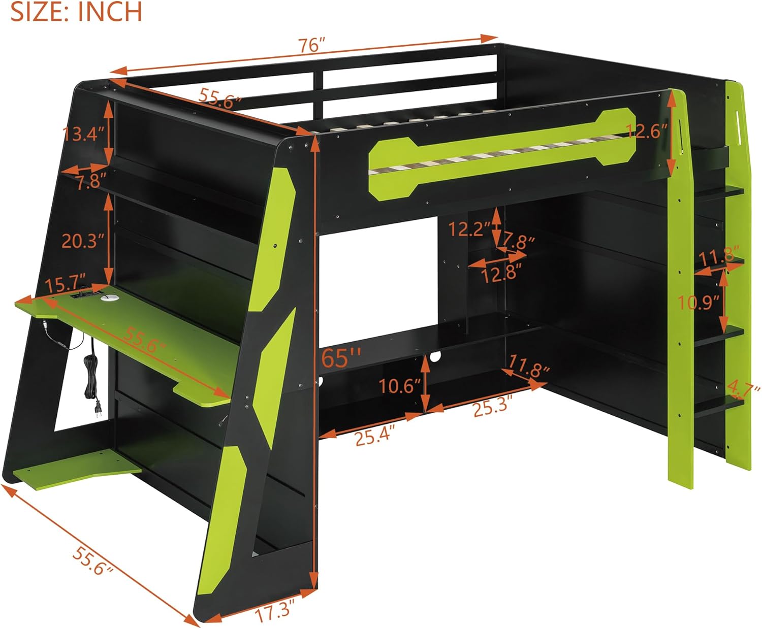 Detailed dimensions of the Bellemave Full Size Wood Gaming Loft Bed, showing length, width, and height measurements.