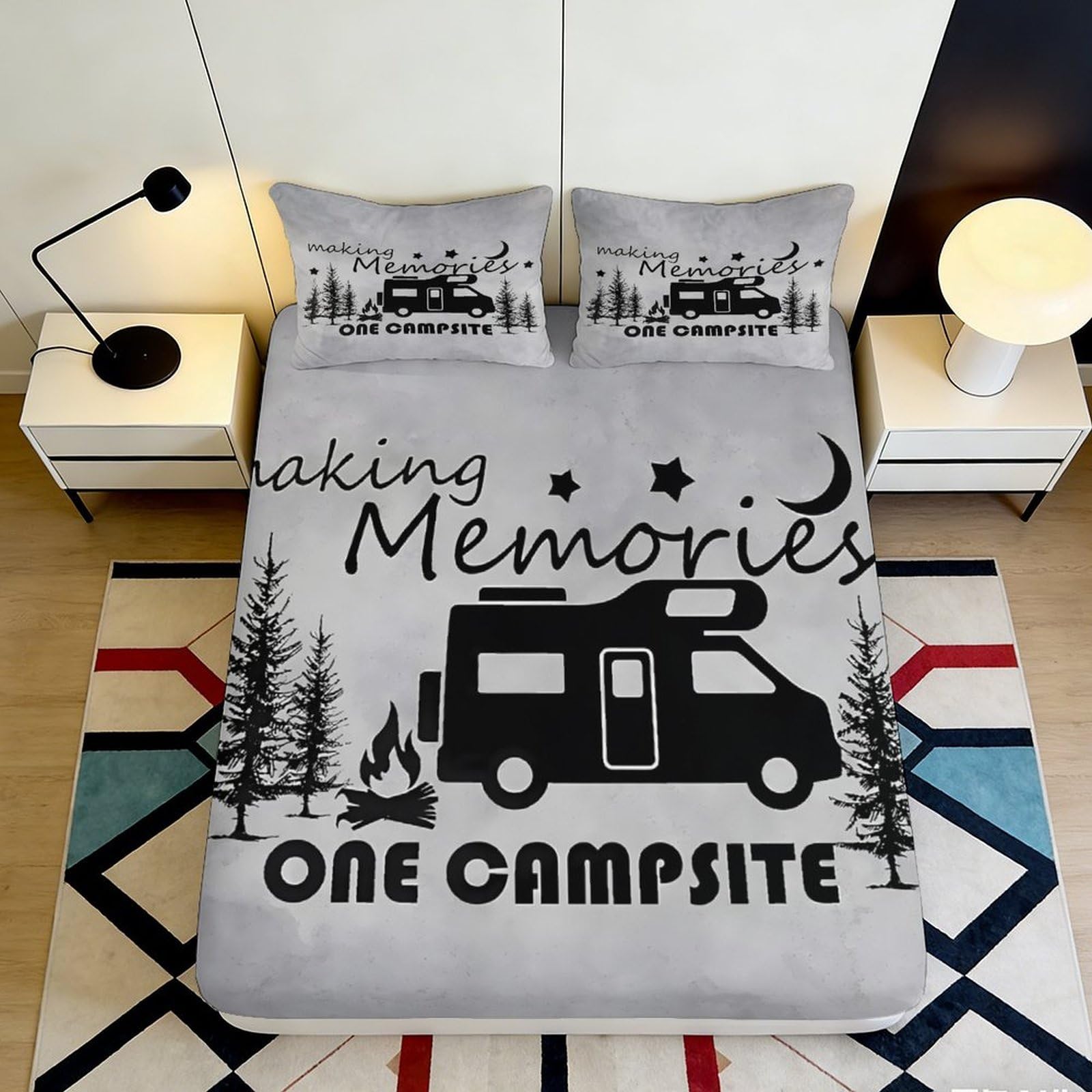 3D Printed Camper Van Forest Fitted Sheet Microfiber Grey Camping Mattress Cover Anti-Slip Bedroom Dorm Mattress Protector 140x200x25cm