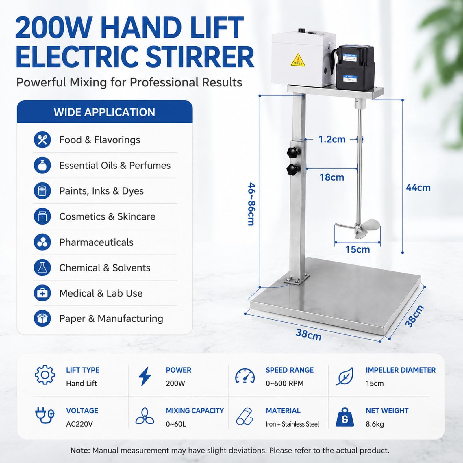 Agitador de Pintura de Velocidad Ajustable con Altura Regulable 200W | Agitador eléctrico con varilla mezcladora de acero inoxidable para líquidos viscosos y para mezclar tintas