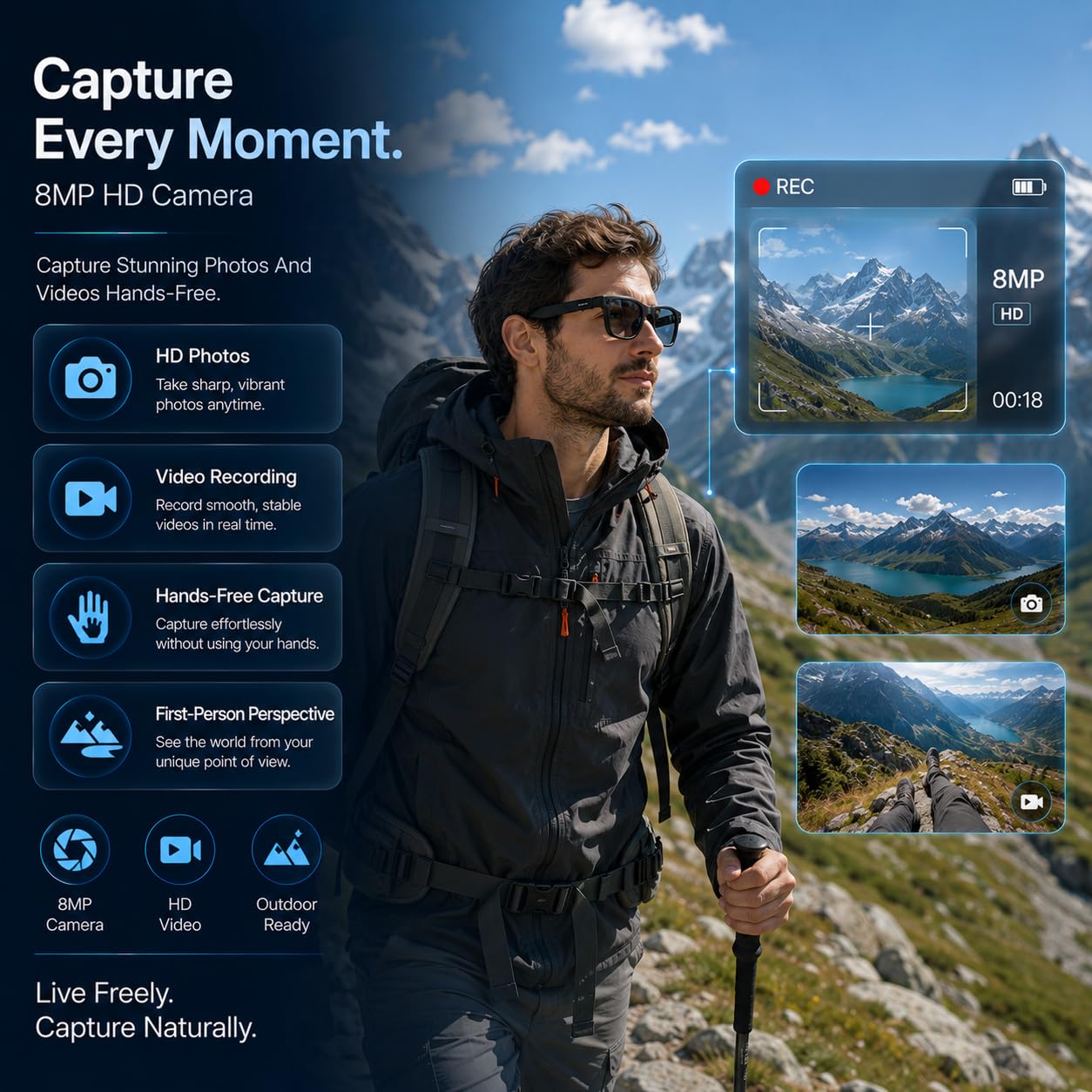 Occhiali con Telecamera HD 8MP, Video, Traduzione in Tempo Reale, Assistente Vocale AI Riconoscimento AI Chiamate e Musica, Occhiali Smart Glasses Lenti Anti Luce Blu, Occhiali da sole Intercambiabili
