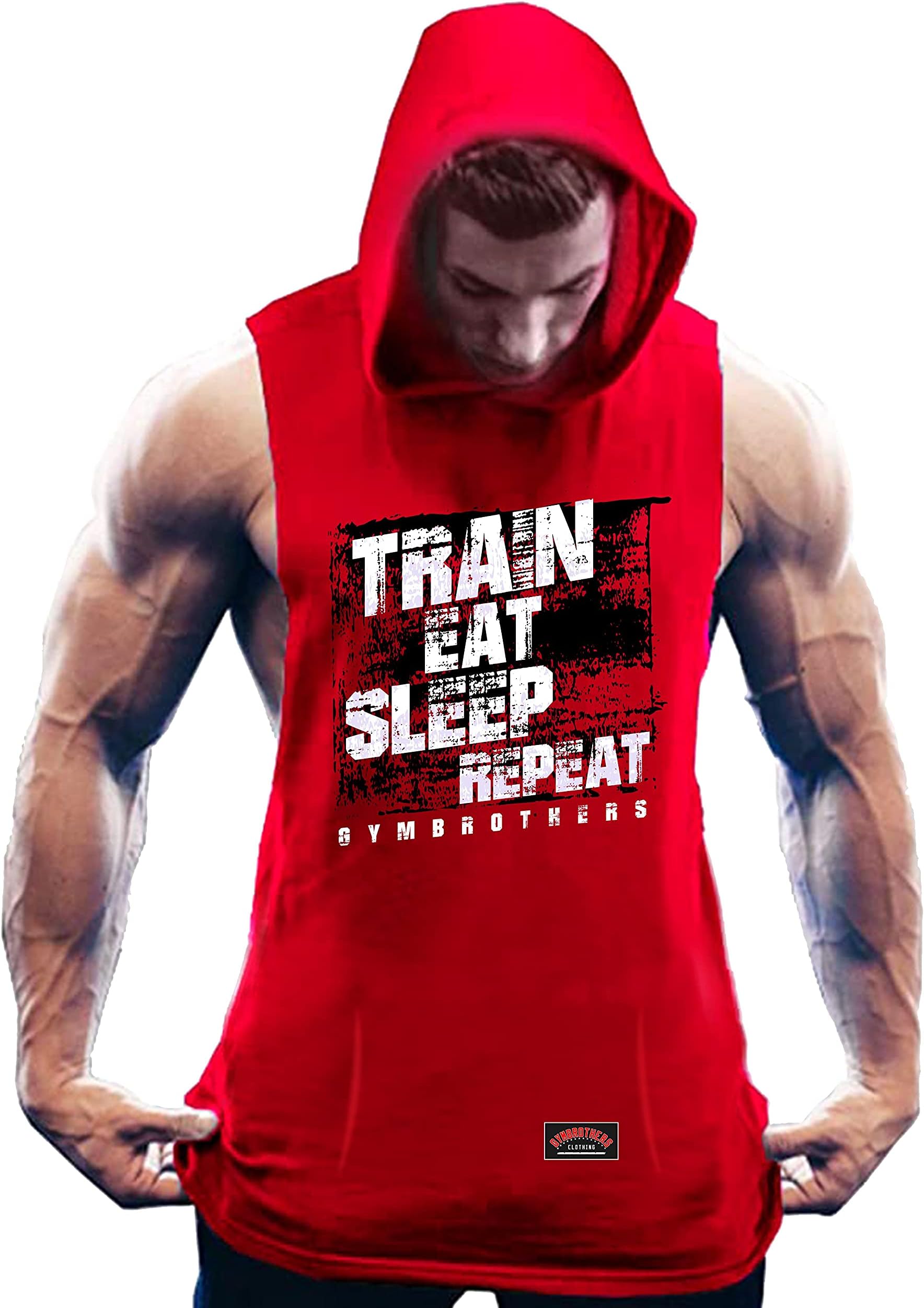 GYMBROTHERSMen's Workout Hooded Body Building Muscle Cut Off Train Eat Sleep Repeat Gym Hoodie Red