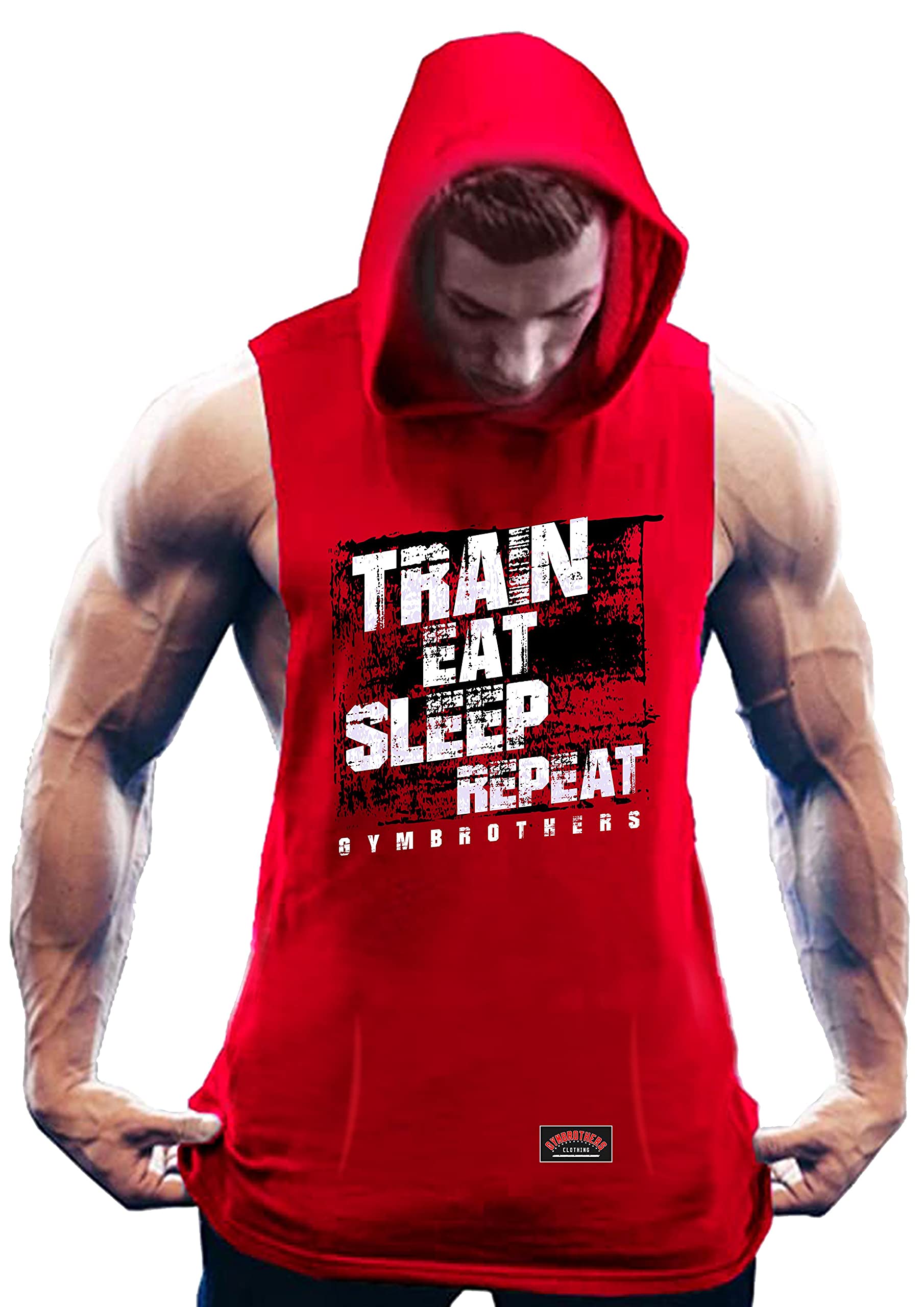 GYMBROTHERSMen's Workout Hooded Body Building Muscle Cut Off Train Eat Sleep Repeat Gym Hoodie Red
