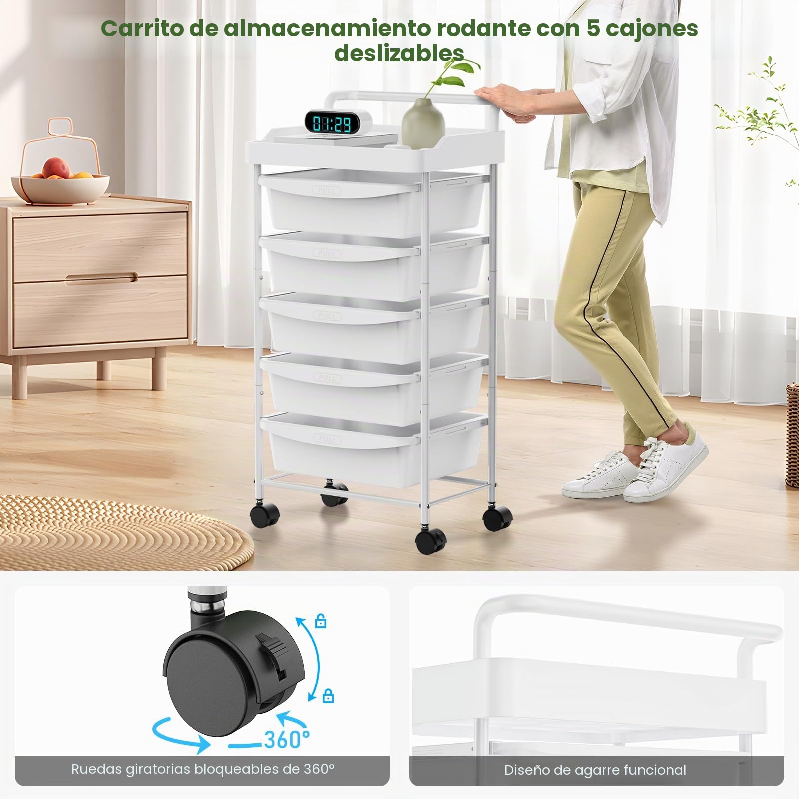 Carrito Auxiliar de 5 Cajones con Ruedas y Cajones Estetica Ahorro de Espacio Carro Organizador para Cocina Baño Dormitorio Oficina (Blanco)