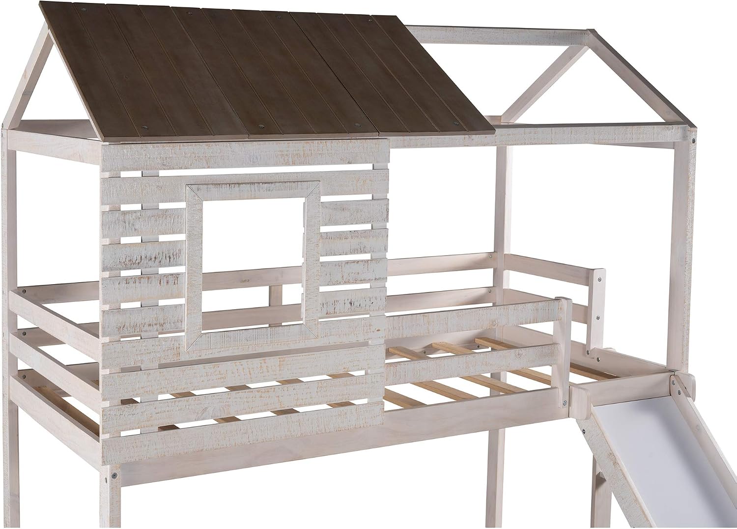 MERITLINE Twin Over Twin Bunk Beds with Slide, House Bunk Bed with Storage Drawers,Wood Twin House Bunk Bed for Kids,Teens,No Box Spring Needed, Antique White