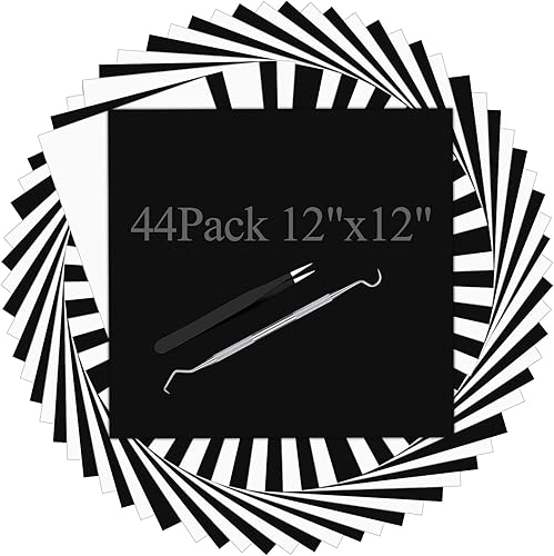 Colarr Paquete de 44 rollos de vinilo HTV de transferencia de calor en blanco y negro, paquete de vinilo para planchar de 12 x 12 pulgadas, rollos