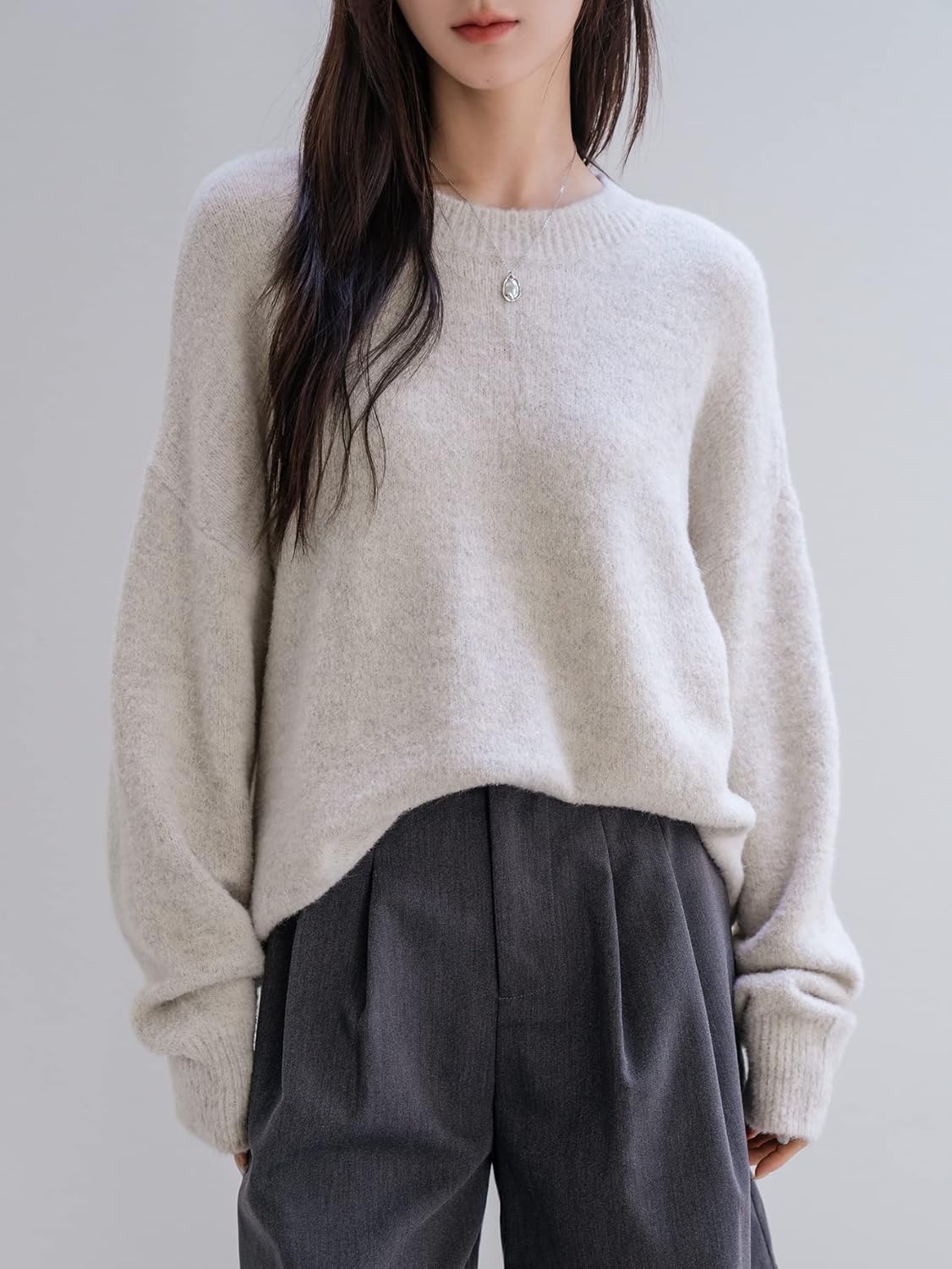 Women's Sweater Fluffy Knit Drop Shoulder Sweater Sweater for Women (Color : Apricot, Size : Medium)