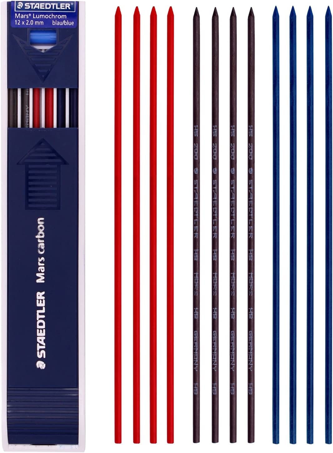 Mars Carbon Lead HB Color Mix 12 x 2mm (4 of Blue, 4 Red, 4 Black) for Staedtler