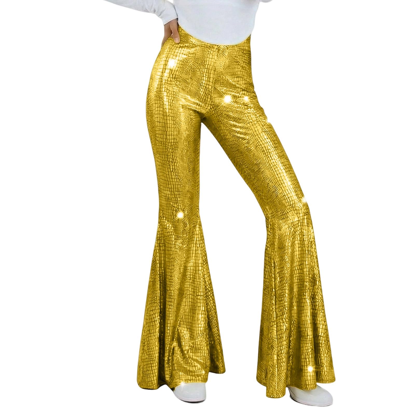 Sequin Flare Pants Sparkly Glitter High Waisted Stretchy Bell Bottoms Leggings Party Disco Clubwear for Women Fancy Dress for Dance Performance Stage Show Jazz Club Night Out Carnival Gold