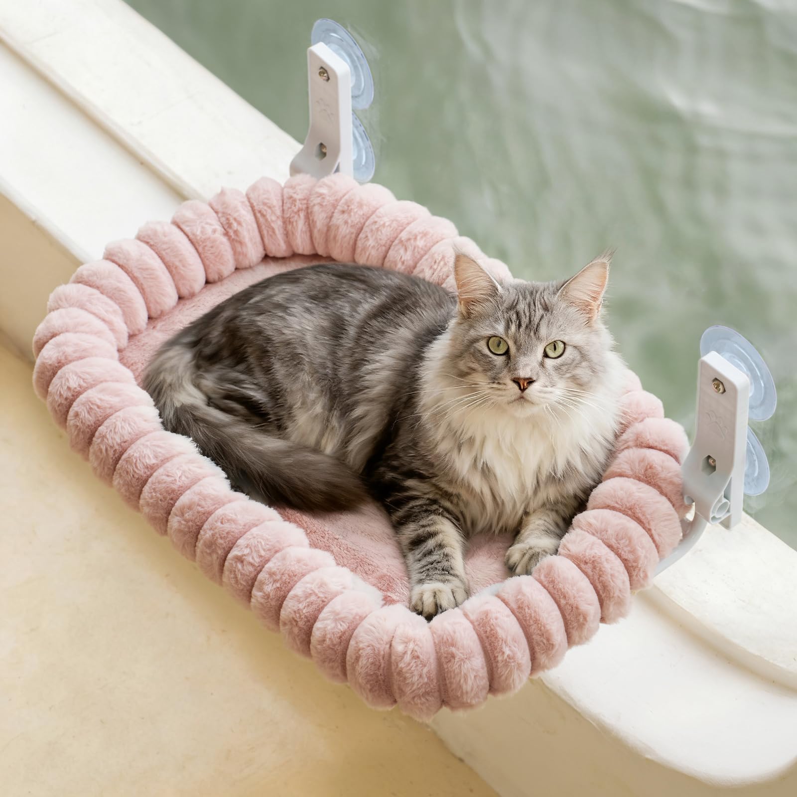 EDAGNY Stylish Cat Window Perch Foldable with Removable Reversible Cover for Sunbathing and Viewing - Cat Window Hammock Bed Sturdy up to 18kg (Pink, L)