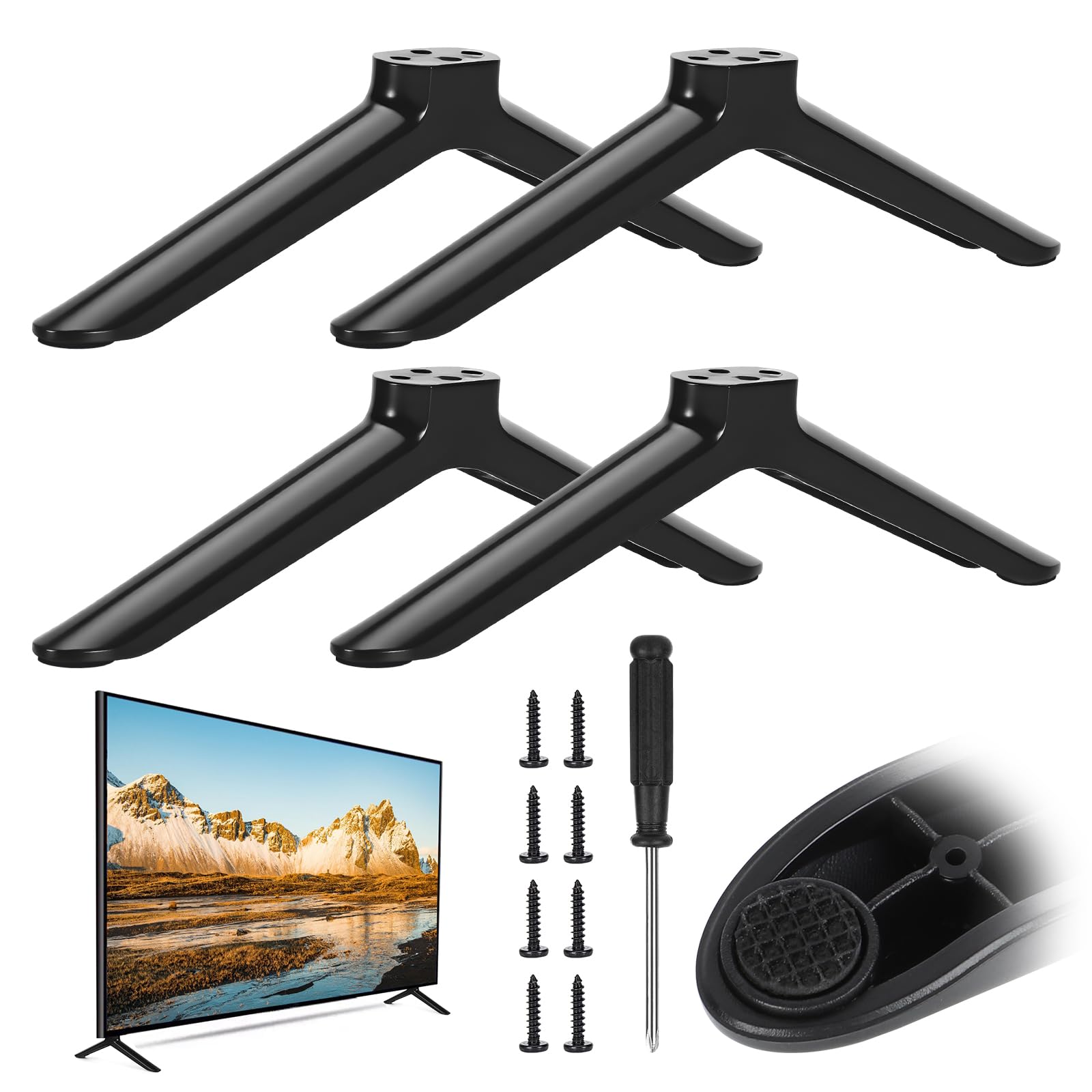 4 Pcs TV Stand Base Pedestal Feet, Universal TV Legs with Anti-Slip Pads for 18–28 mm Mounting Hole Spacing, TV Feet Compatible with Samsung Hisense 32 to 55 Inch TVs, Replacement Stand with 8 Screws