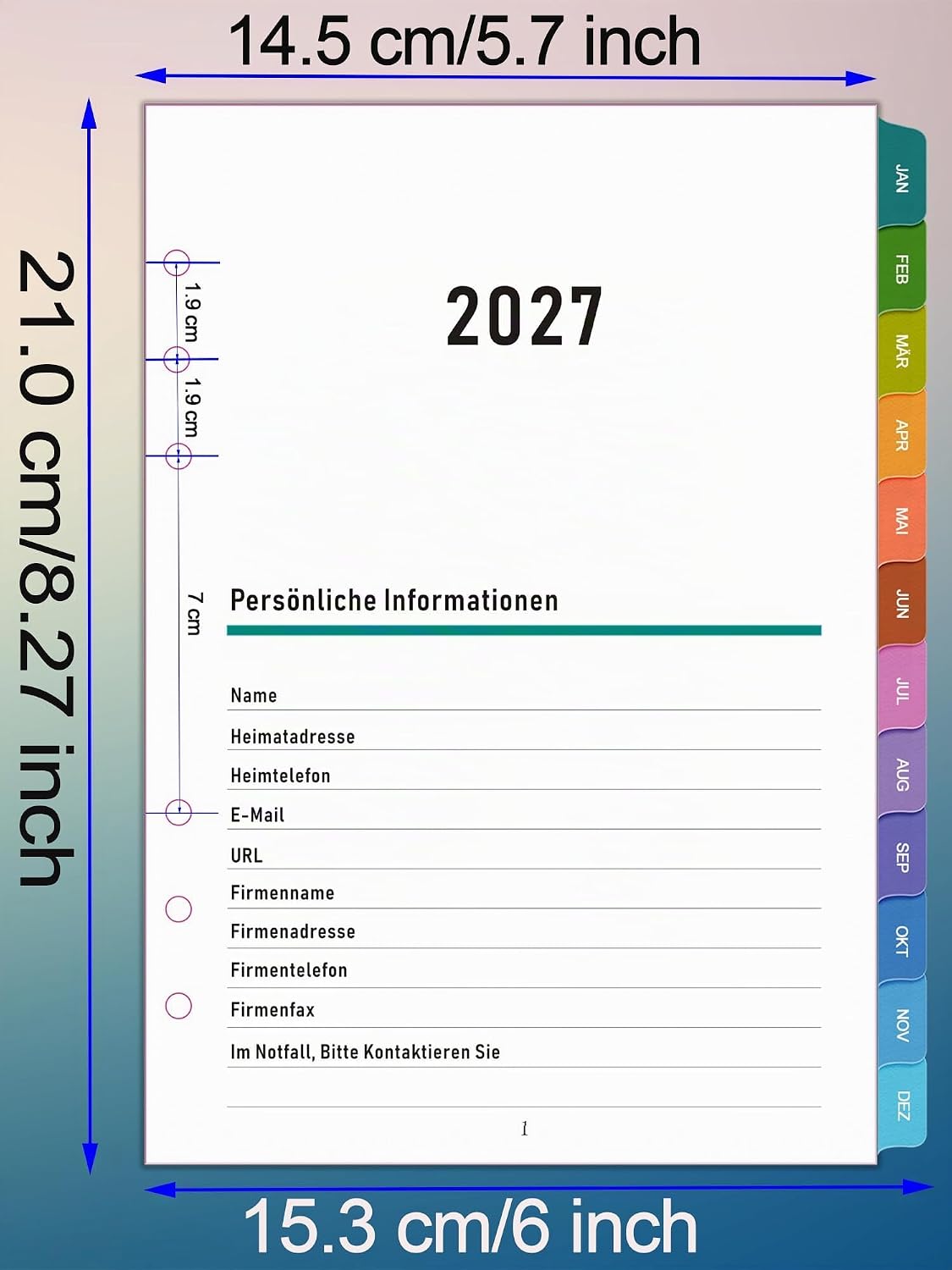 2027 Wochenplaner Einlage A5 6 Löcher, Deutsch, 1 Woche auf 2 Seiten mit Tabs, datiert mit - Analyse des détails et conception