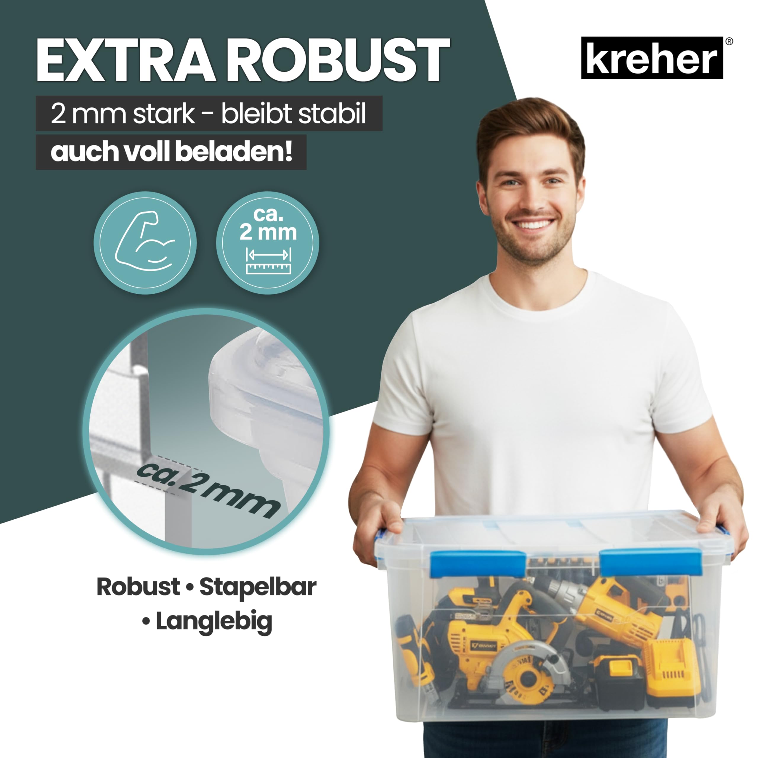 Kreher® Aufbewahrungsbox 75 Liter mit Deckel – wasserdicht & staubdicht, transparent & stapelbar, BPA- & schadstofffrei, robuste Kunststoffbox mit Silikondichtung & 6 Clips (2)