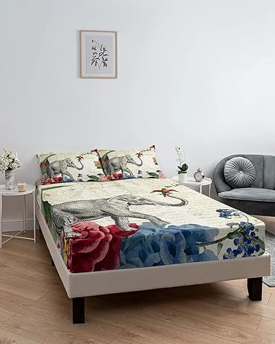 Miniatura 6 de Juego de sábanas bajeras de elefante con pájaros y flores para cama de tamaño matrimonial, sábanas de 3 piezas, sábana de bolsillo profundo para