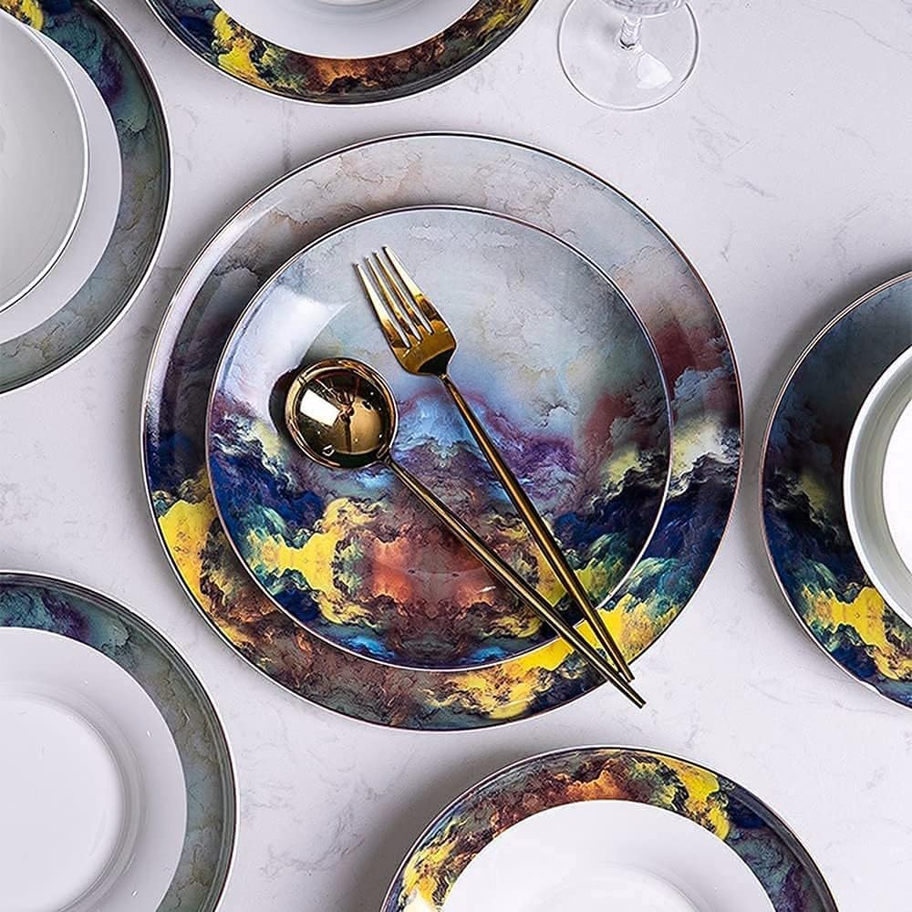 Speiseteller-Set, 56-teiliges Tafelgeschirr-Set, amerikanisches leichtes Luxus-Teller- und Schüssel-Set, Keramik-Bone-China, hochwertige Geschirr-Sets für 10 Personen