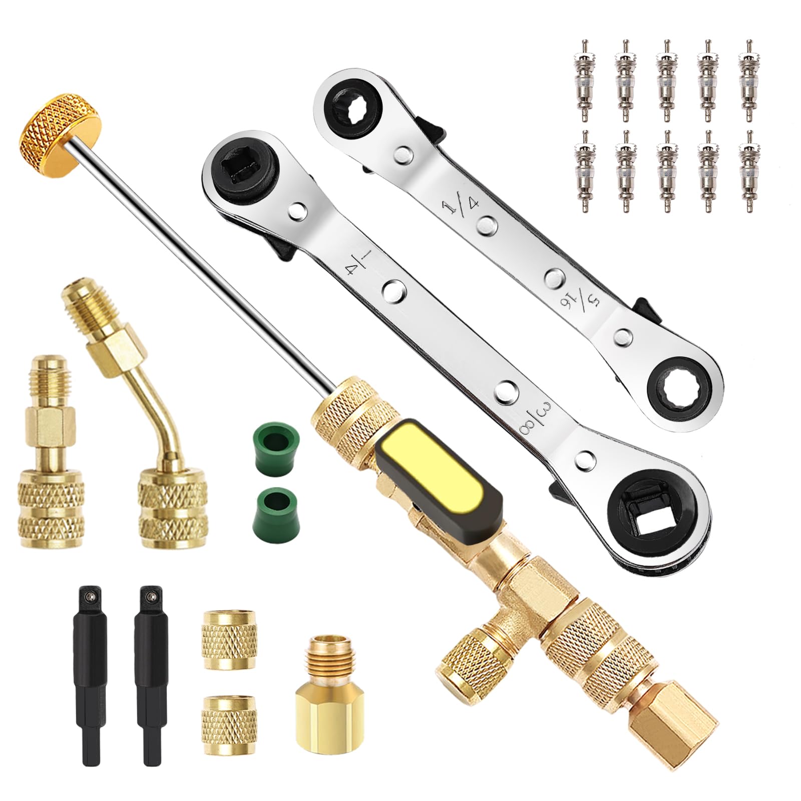 Wayona 22Pcs Valve Core Removal Tool and HVAC Service Wrench Set with Hex Bit Adapters, Dual Size SAE 1/4 & 5/16 Port, 3/16'' to 3/8'', 5/16'' x 1/4''