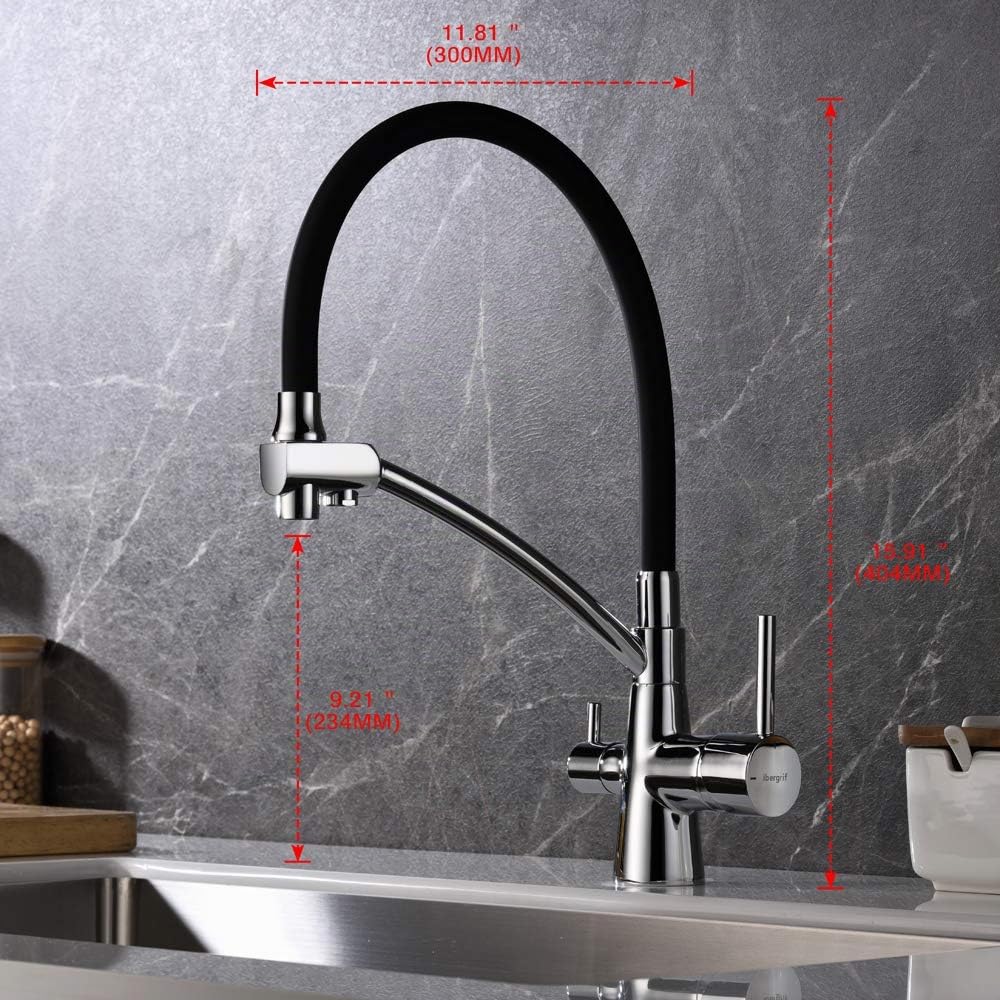 Ibergrif Rubinetto 3 Vie Cucina,Rubinetto per Cucina a Girevole a 360°, Miscelatore per Lavello Con Beccuccio Flessibile, Rubinetto per Lavello Da Cucina per Acqua Fredda e Calda e Filtro