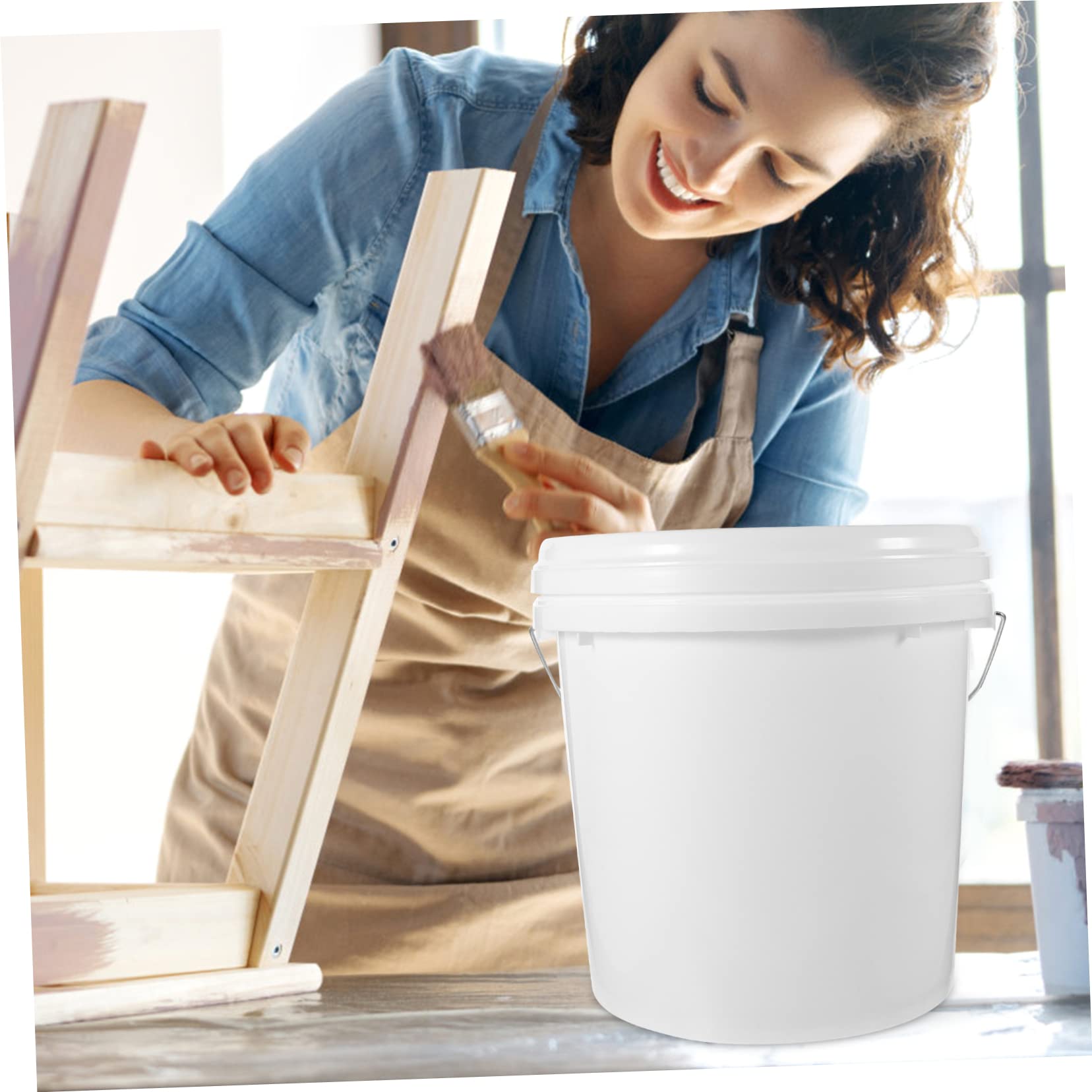 Cubo de Pintura Multifuncional 10l con Tapa Hermética Hdpe de Color Claro con Boca y Mango de Hierro para Almacenamiento y Embalaje de Pintura y Aceites, Uso Exterior E Industrial