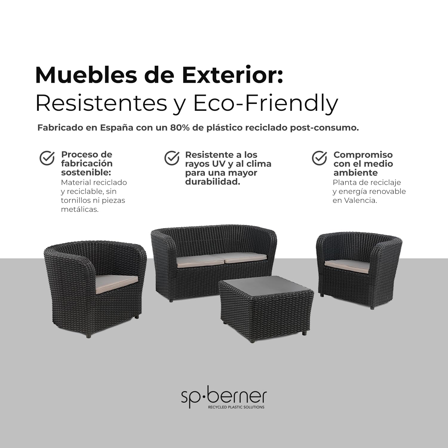SHAF - Conjunto Jardín Exterior y Terraza - Sofá de 2 Plazas y 2 Sillones con Cojines Acolchados con Mesa Central con Almacenamiento Integrado - Plástico Reciclado - Set Nova Confort Storage - Grafito