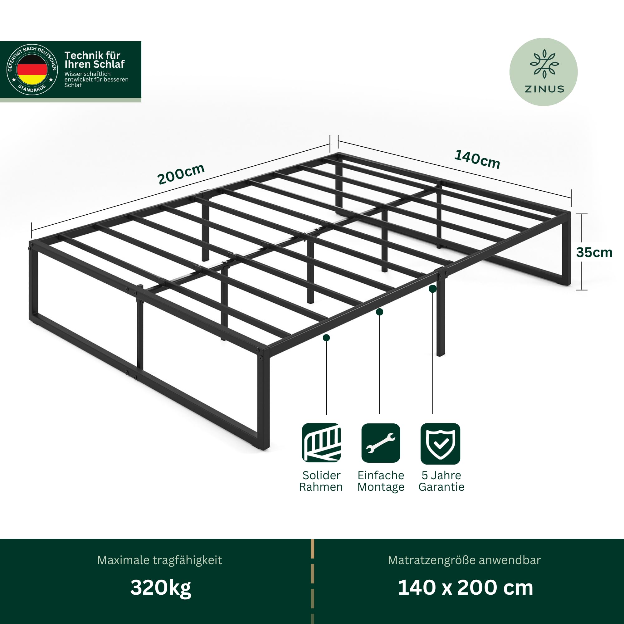 Zinus Lorelai Bettgestell 140x200 cm - Metallbett 140x200 mit Metall-Lattenrost - 36 cm Hohe Plattform mit Freiraum Darunter - Kein… – Ansicht 2