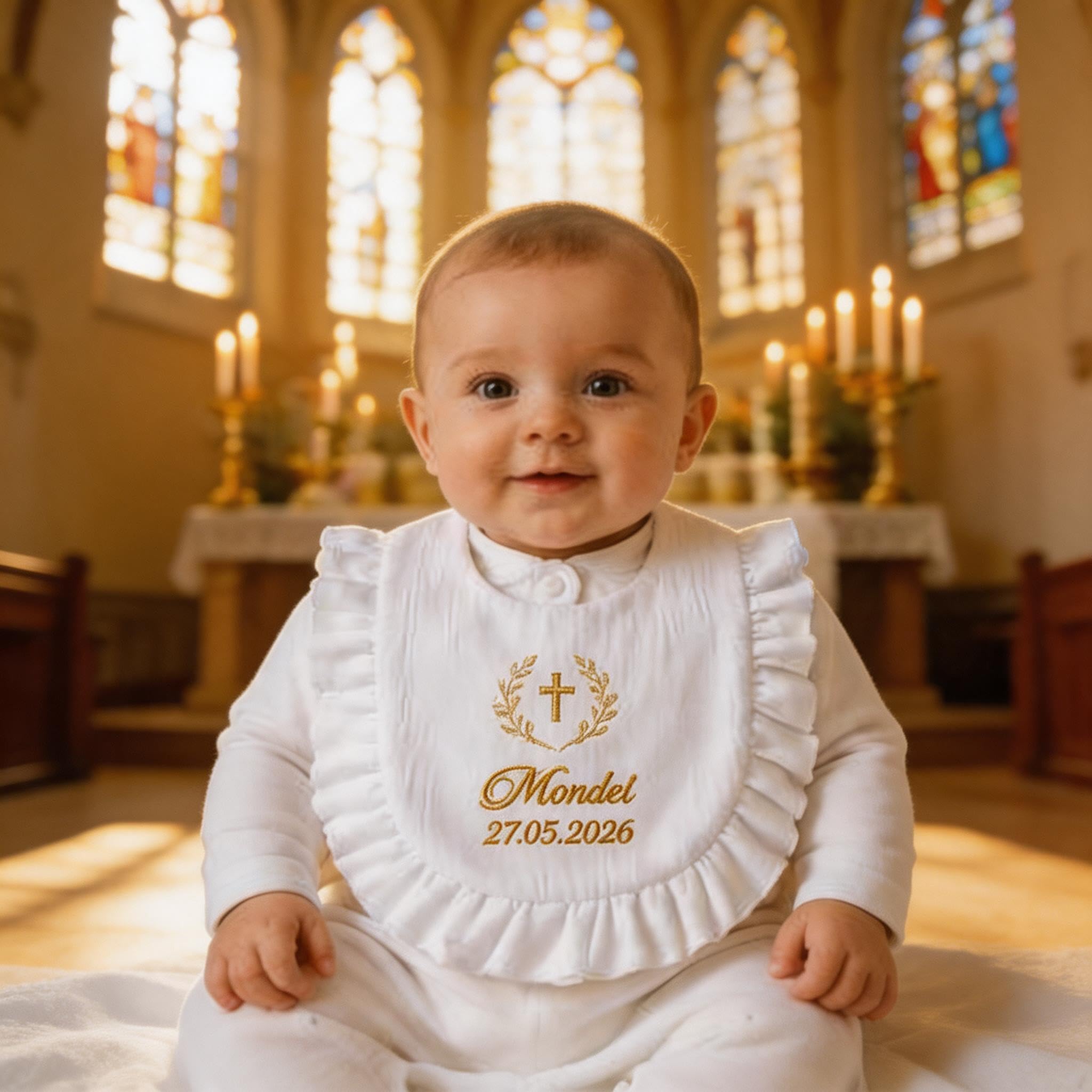 XIAOMA Bavoir Baptême Personnalisé pour Bébé – 100% Coton Doux, Broderie Prénom et Date, Cadeau Baptême avec Coffret, Livraison Rapide 48h