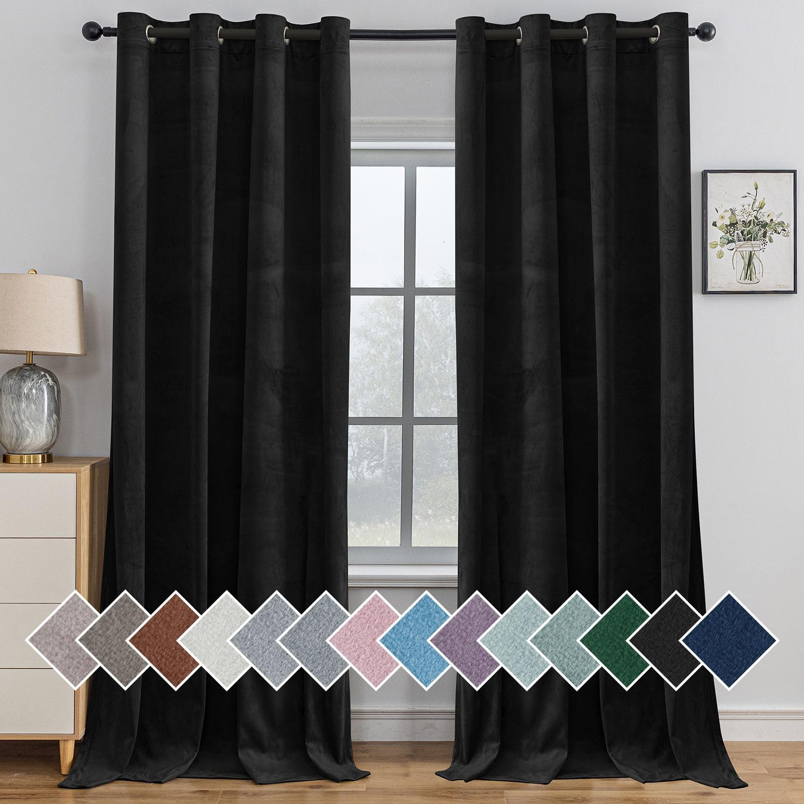 Ystyle Cortinas Salon Terciopelo 2 Piezas, 140×280 cm, Cortina Opacas Pesante con Ojales, Cortinas Termicas Aislantes Frio Y Calor, Cortina Modernas Dormitorio Habitacion Ventana, Negro