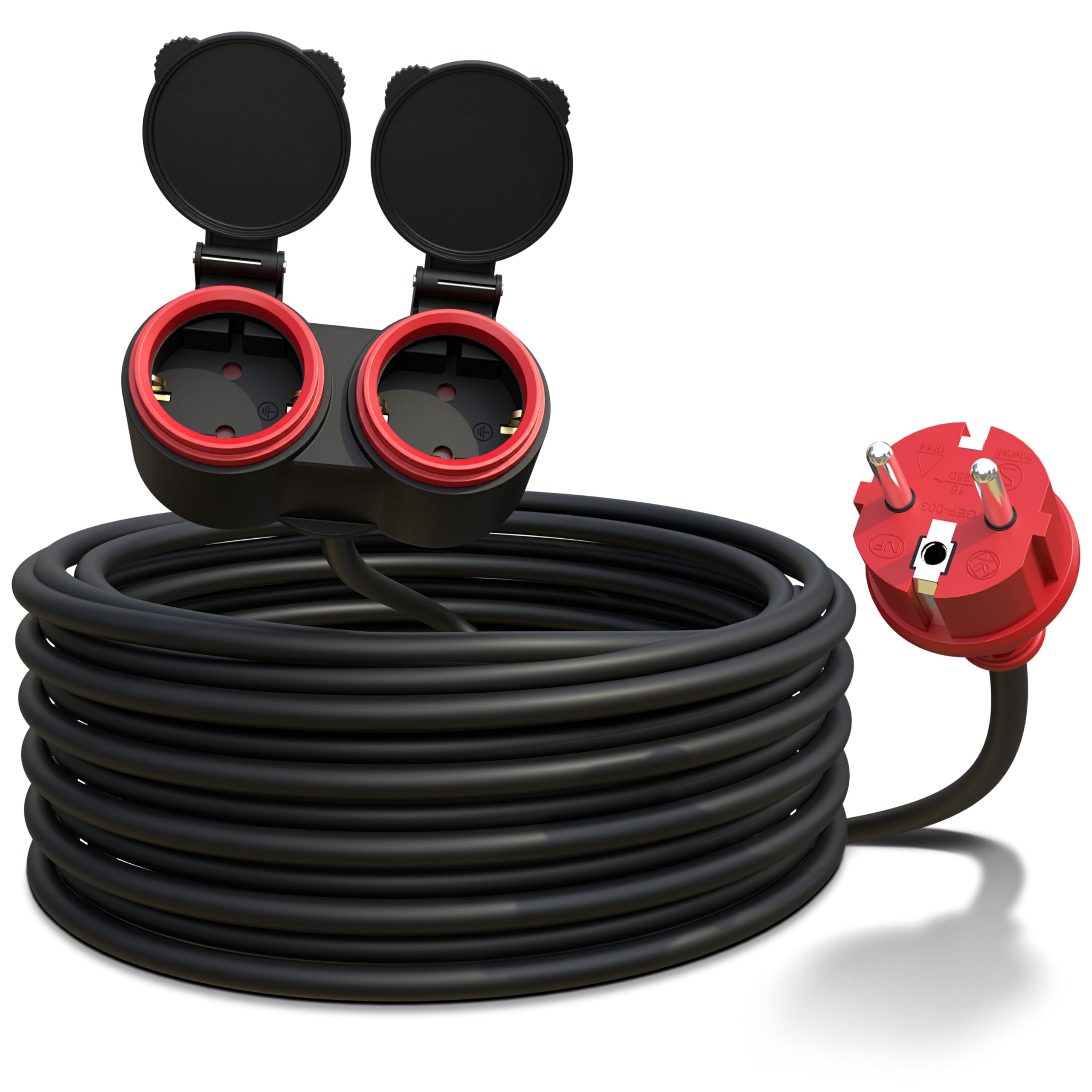 Poppstar Verlängerungskabel Outdoor 10m (Schuko Doppelsteckdose 2-Fach, IP44, 16A/3680W, H05RR-F 3G1.5), schwarz/rot