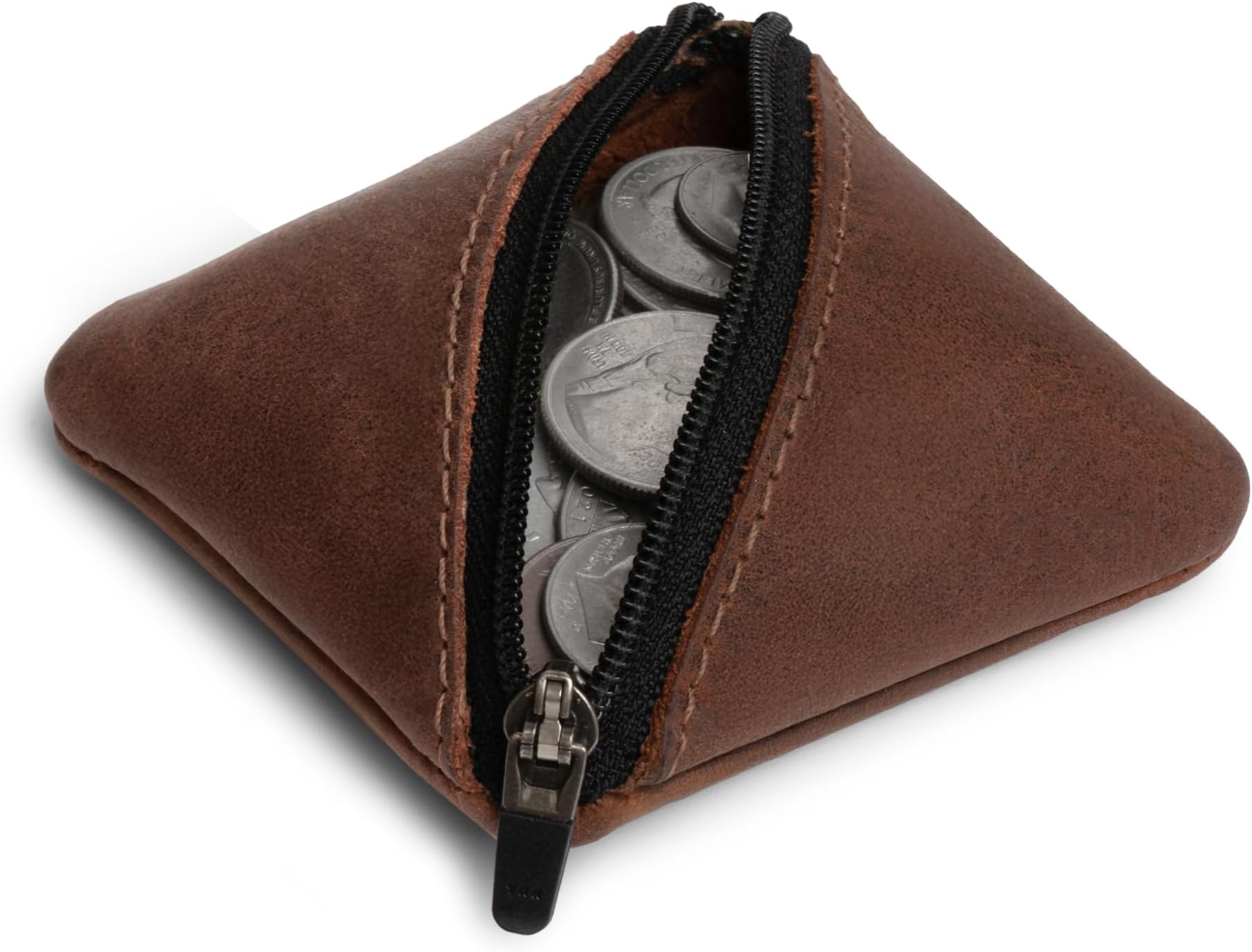 Slash Zippered Pouch, Change Holder, and Storage for Pocket and Purse Organization with Zipper, Full Grain Leather, Handmade (Bourbon Brown)